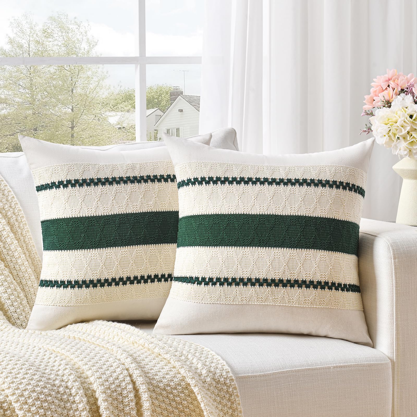 Fancy Homi Set Of 2 Dark Green Boho Decorative Throw Pillow Covers 18X18 Inch For Couch Bed Sofa Bedroom Indoors, Modern Farmhou