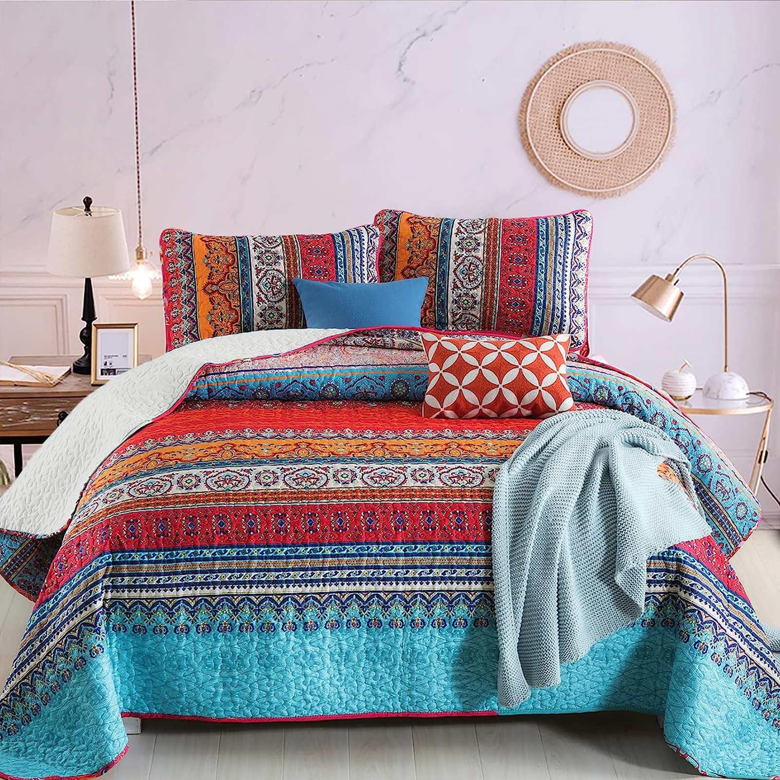 Wongs Bedding Bohemian Quilt Set Queen, Boho Striped Pattern Printed Bedspread Coverlet Set For All Season, Microfiber Lightweig
