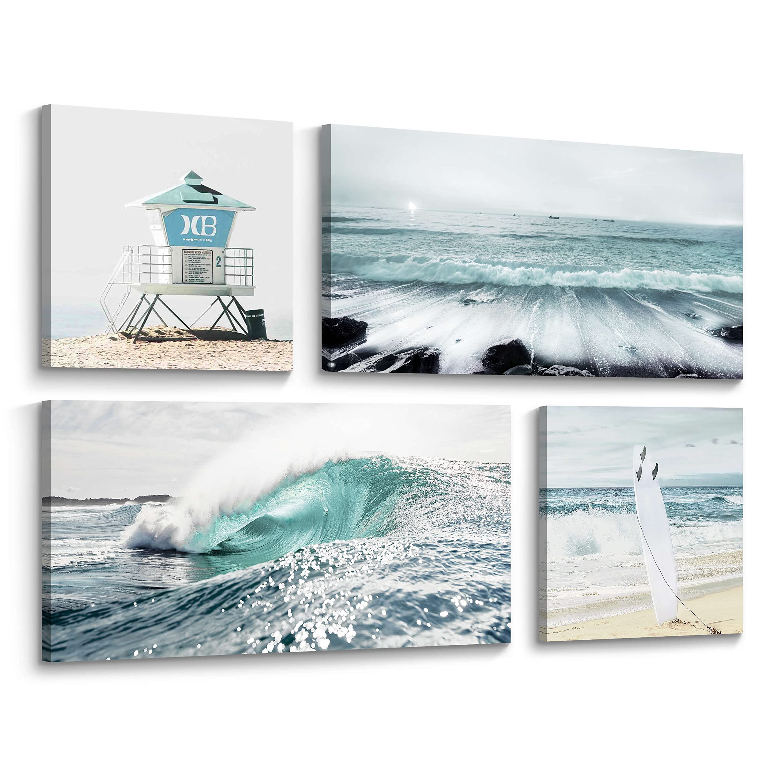 summer melody Surf Ocean Canvas Wall Art: 4 Pieces Bedroom Beach Surfboard Pictures Blue Sea Wave Seaside Scenery Painting Tropi