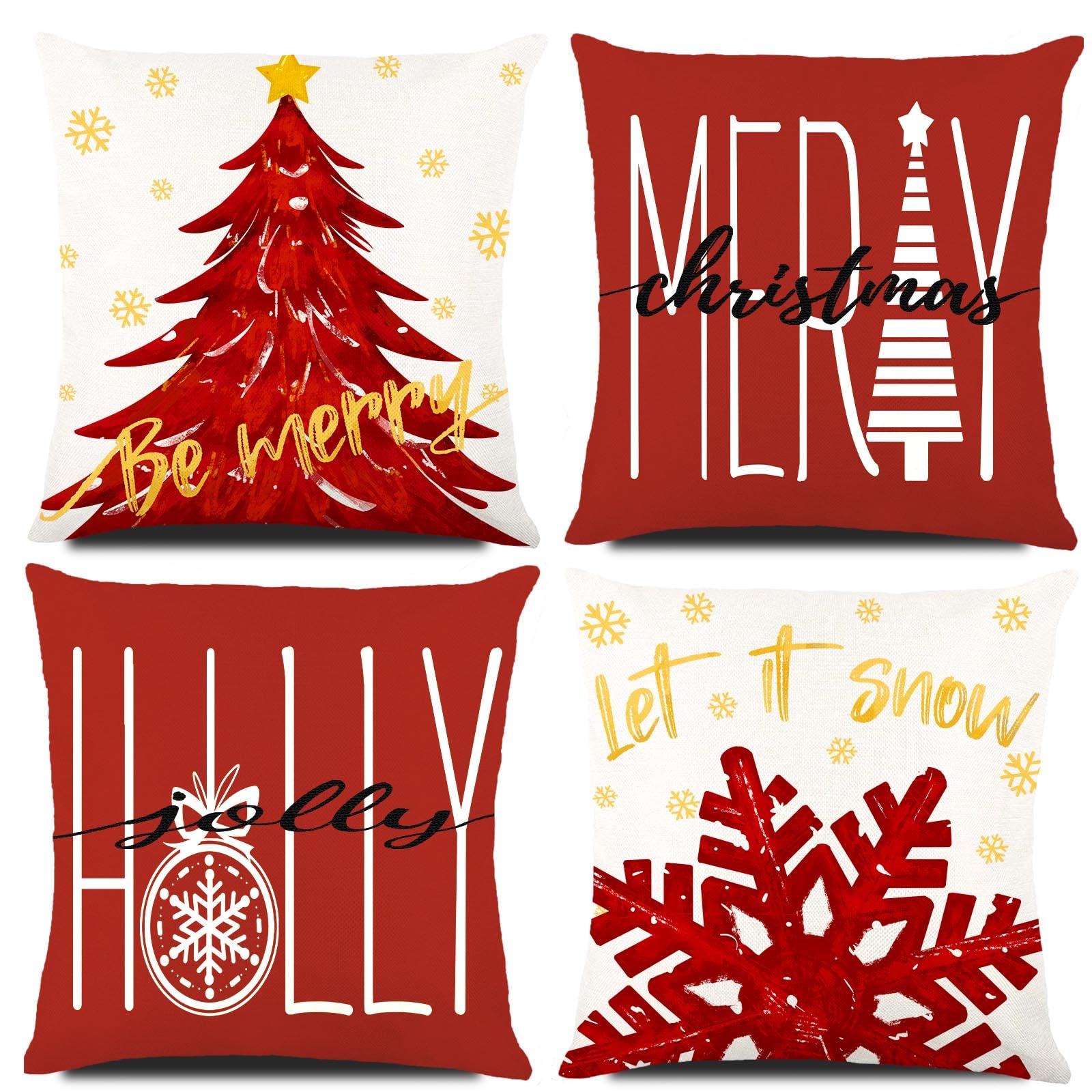 Diydec 4Pcs Christmas Pillow Covers 18X18 Inch Winter Throw Pillow Covers Red Merry Christmas Tree Snowflake Pillow Covers Gold