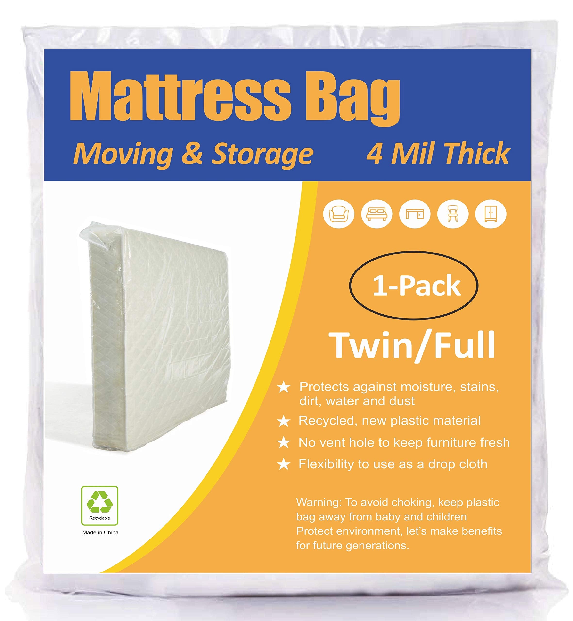 Comforthome Mattress Bag For Moving And Storage, 4 Mil Extra Thick, Twin And Full Size, 1 Pack Clear