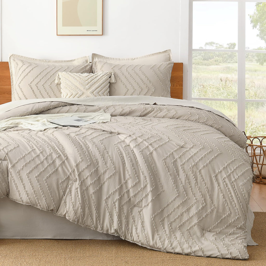 Litanika Tannish Grey California King Comforter Set, 3 Pieces Cal King Oversized Chevron Tufted Boho Bedding Comforter Sets, Flu