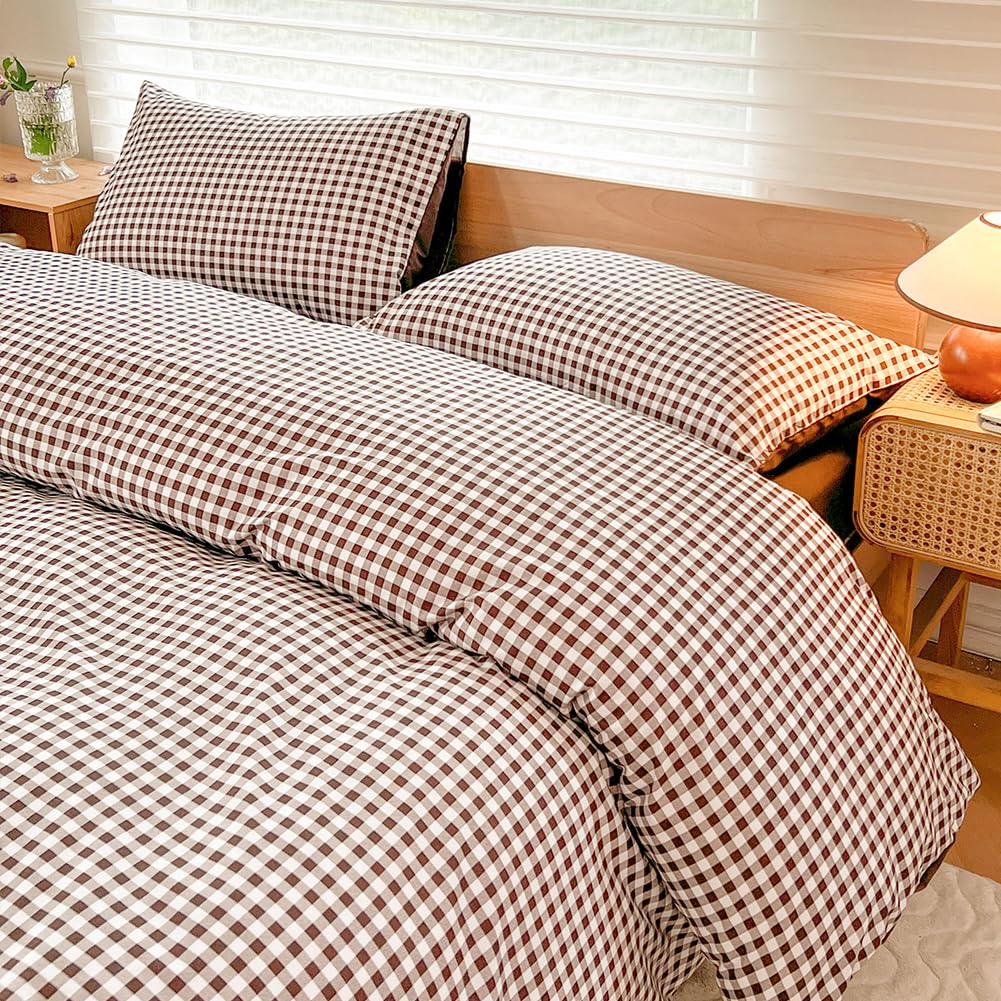Nsnlgsgc Mocha Gingham Duvet Cover Set Twin, Dark Tan Grid Simple Geometric Square Pattern Comforter Cover,Soft Plaid Washed Mic