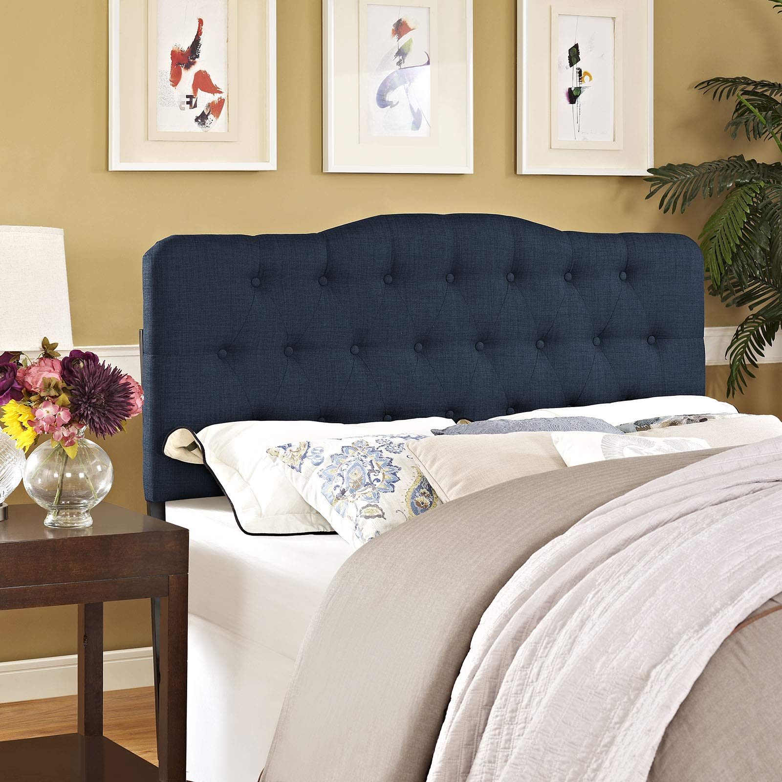 Modway Annabel Tufted Button Linen Fabric Upholstered Queen Headboard In Navy
