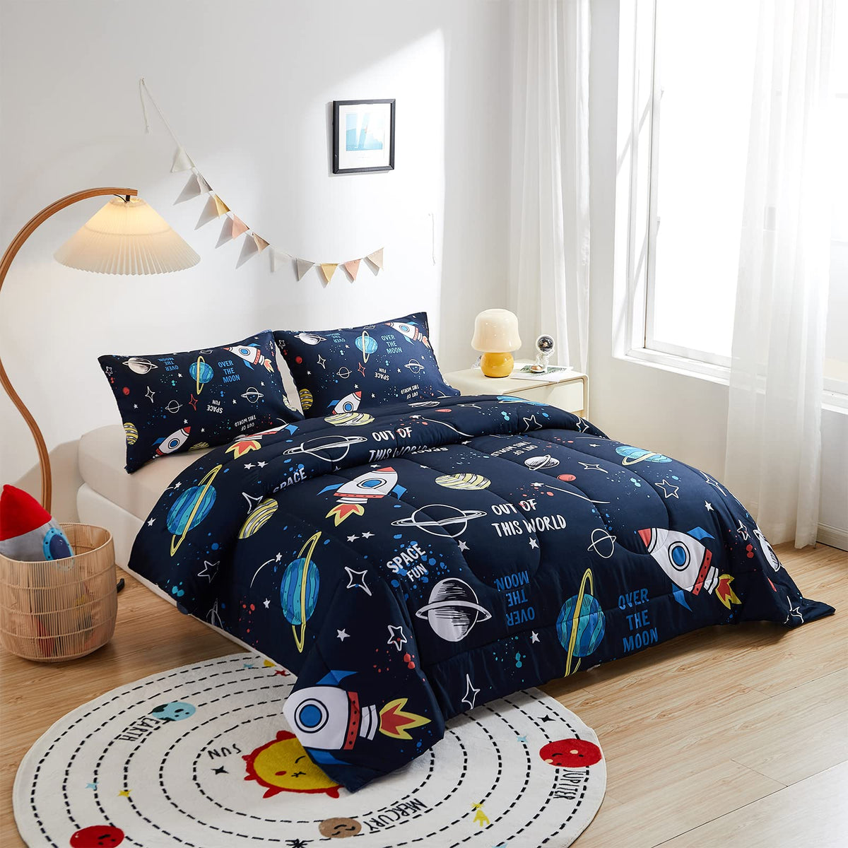 Beeweed 5 Piece Kid Comforter Set Twin Size, Space Rocket Bedding Set For Teen Boys Girls