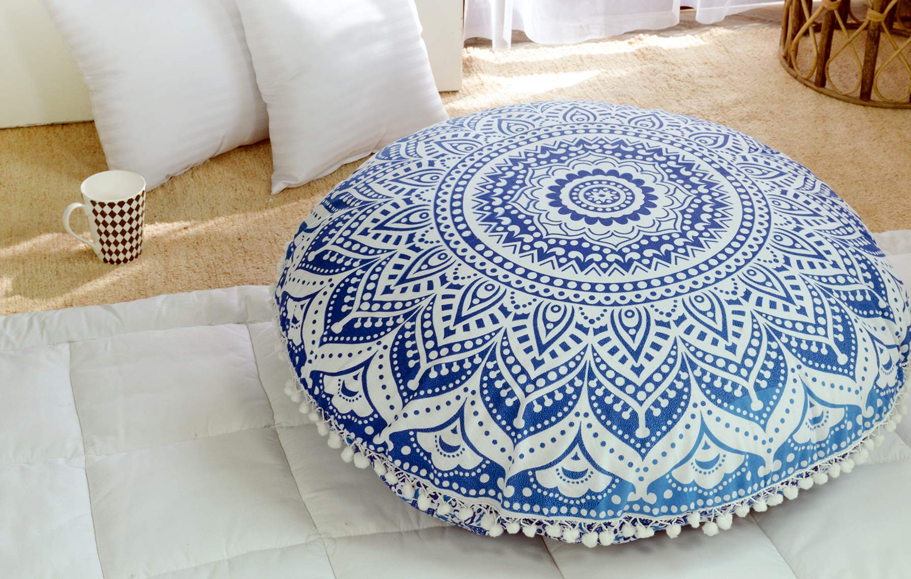 Popular Handicrafts Floor Pillow Cushion Cover - Hippie Mandala Cushion Cover Large - Pouf Cover Round Bohemian Yoga Decor, Scre