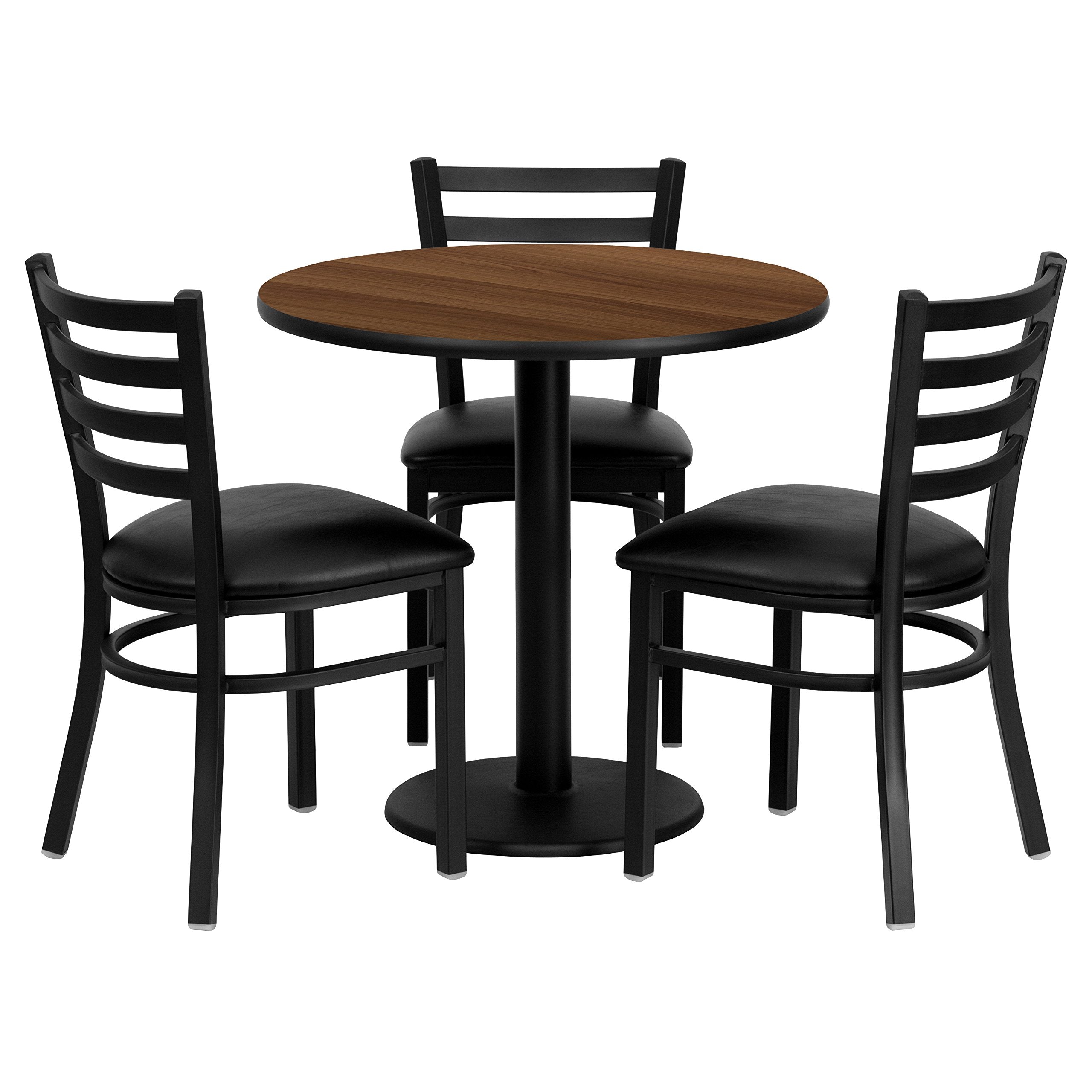 Flash Furniture 30'' Round Walnut Laminate Table Set With 3 Ladder Back Metal Chairs - Black Vinyl Seat