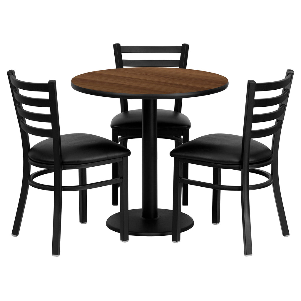 Flash Furniture 30'' Round Walnut Laminate Table Set With 3 Ladder Back Metal Chairs - Black Vinyl Seat