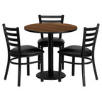 Flash Furniture 30'' Round Walnut Laminate Table Set With 3 Ladder Back Metal Chairs - Black Vinyl Seat