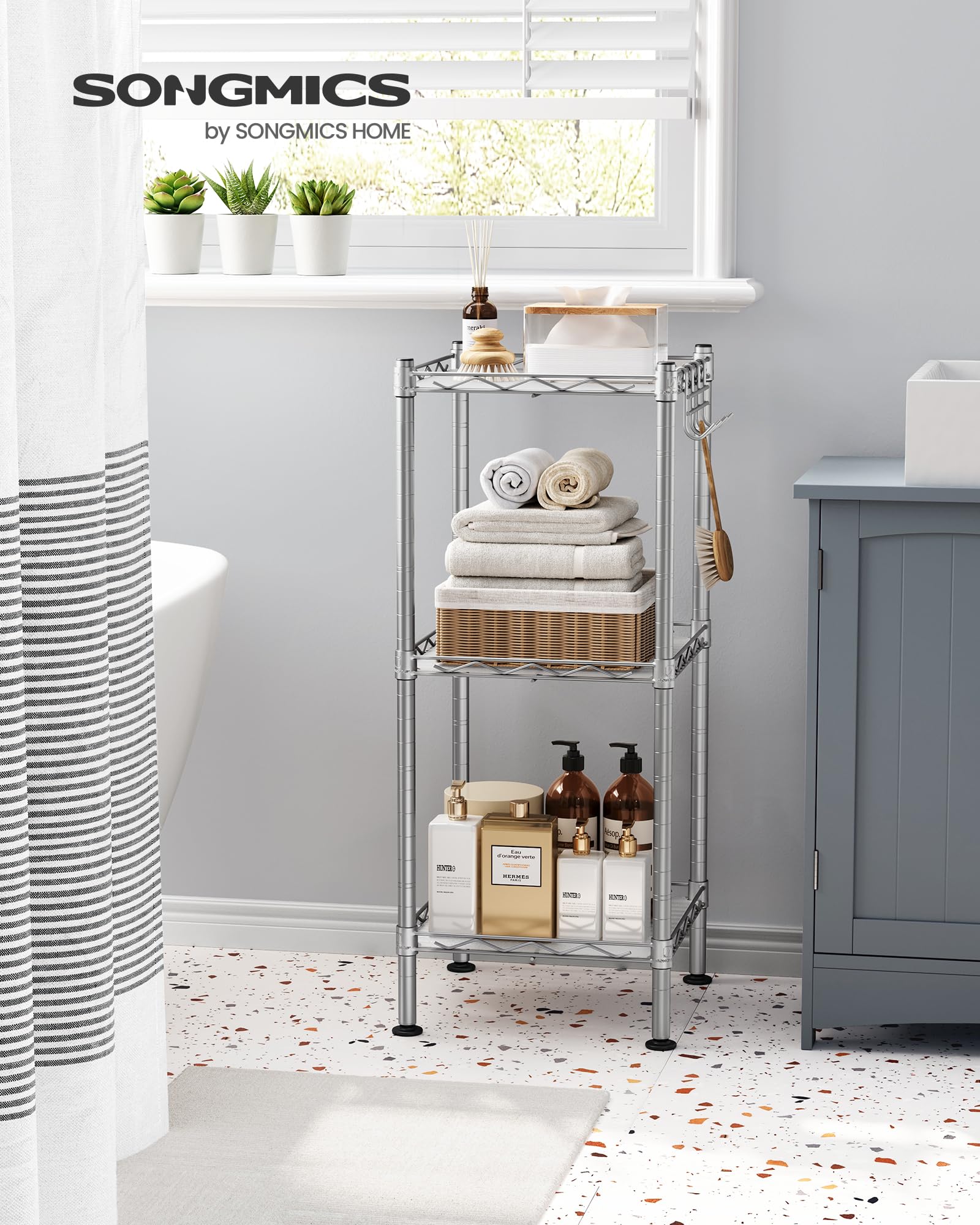 Songmics 3-Tier Bathroom Shelf, Storage Rack For Small Space, With 3 Pp Shelf Liners, Removable Hook, Extendable Design, Silver And Translucent Ulgr103E01