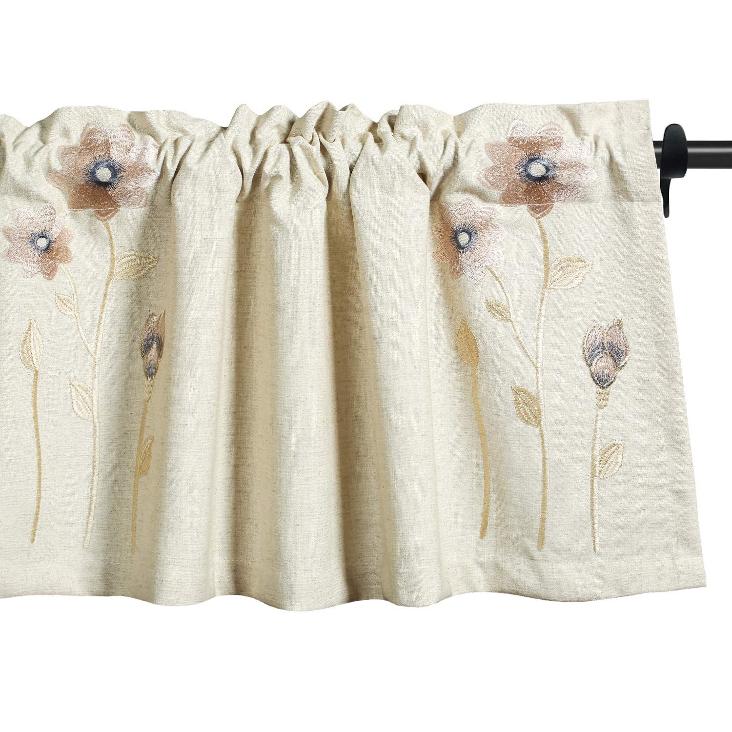 VOGOL Valances for Windows, Pink Floral Embroidered Beige Textured Window Valances for Living Room Pocket Valance Curtains, 52
