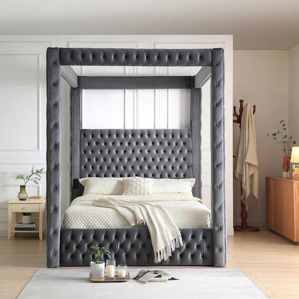 Woodpecker'S Inc Luxurious Velvet Canopy Queen Bed With Speaker And Usb Connection In Gray