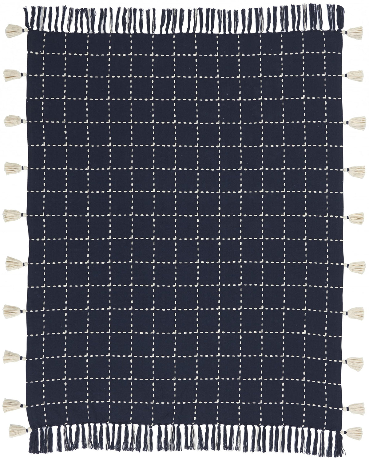 HomeRoots Navy and White Stitched Square Pattern Cotton Throw Blanket