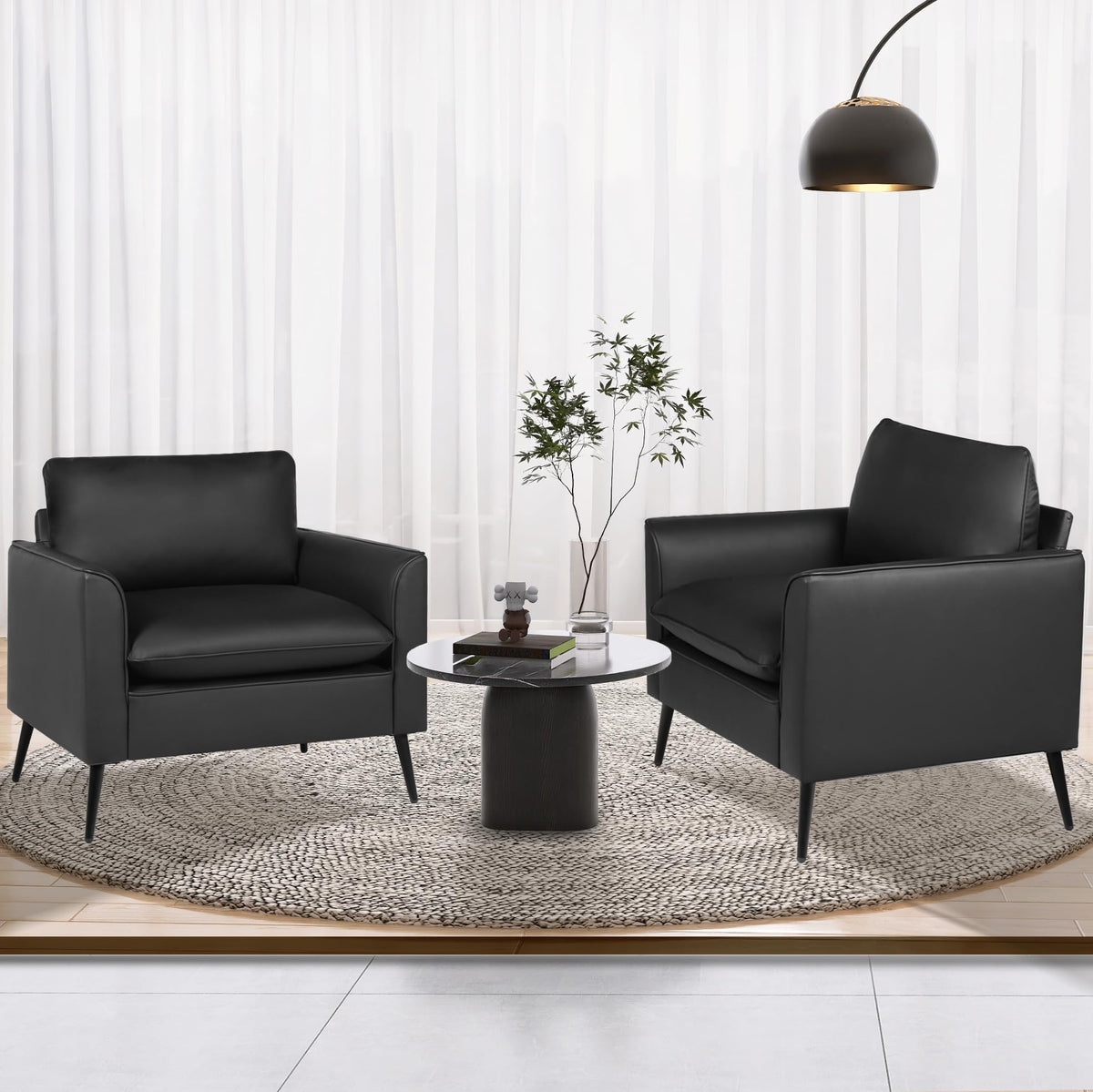 Tyboatle Accent Chairs Set Of 2, Black Leather Accent Chair, Comfy Living Room Chair, Cozy Reading Sitting Chair, Mid Century Mo