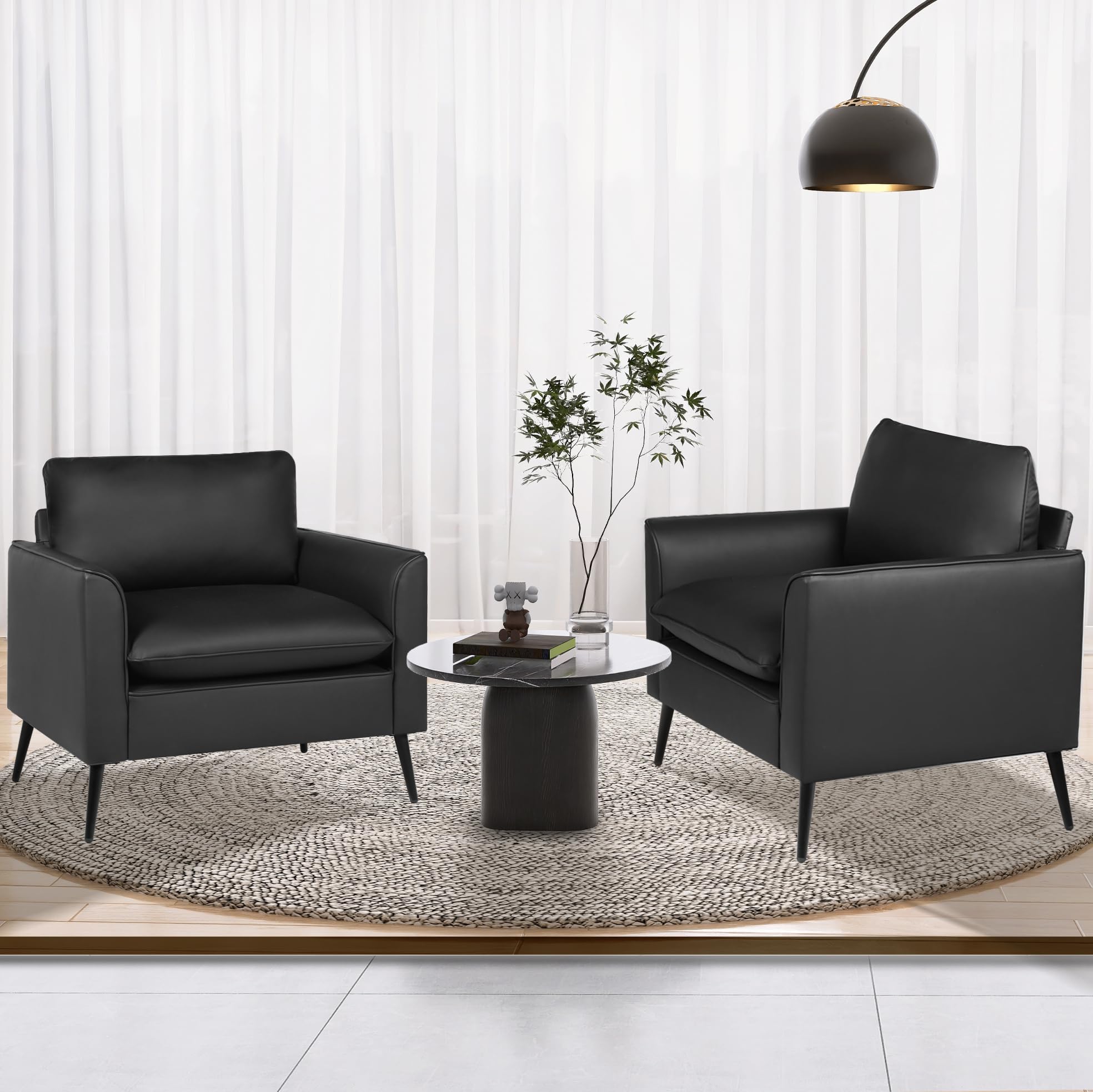 Tyboatle Accent Chairs Set Of 2, Black Leather Accent Chair, Comfy Living Room Chair, Cozy Reading Sitting Chair, Mid Century Mo