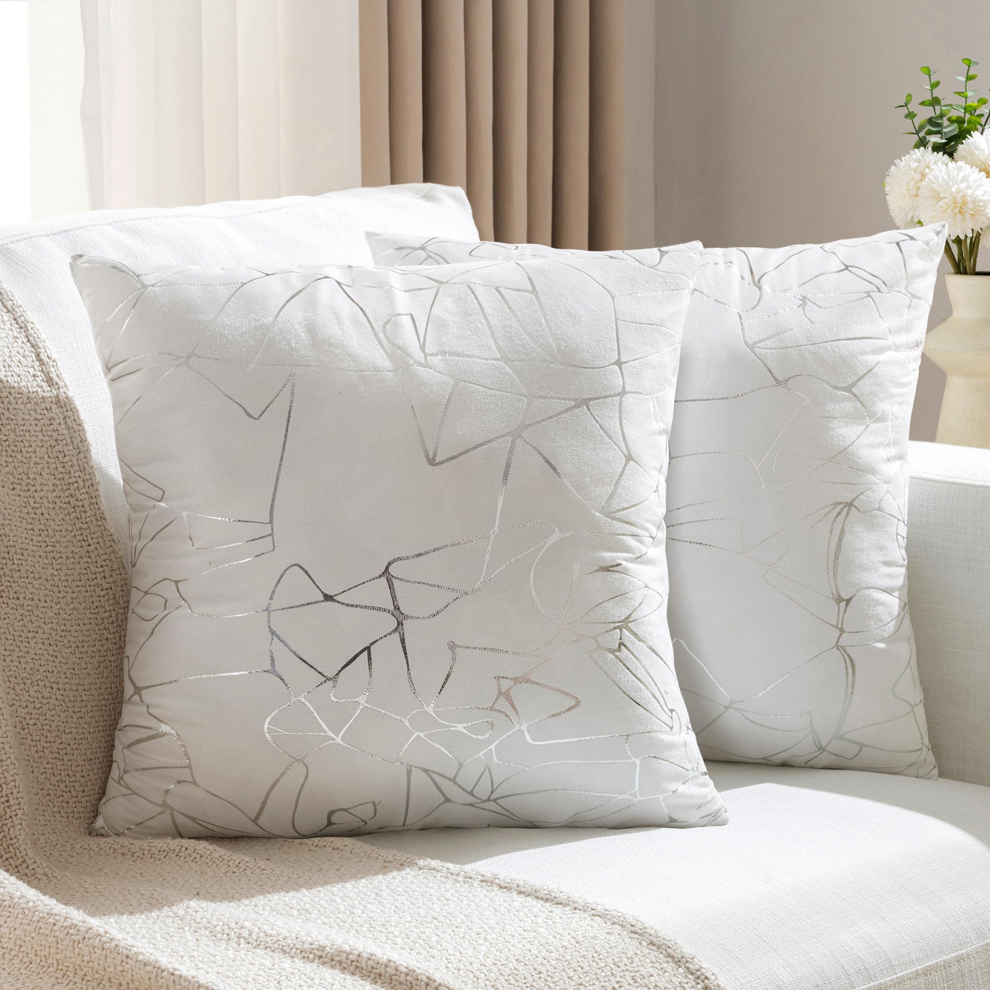 Jellymoni Set Of 2 Sparkling Metallic Suede Throw Pillow Covers - 18 X 18 Inch Glitter Decorative Pillow Shams White With Silver