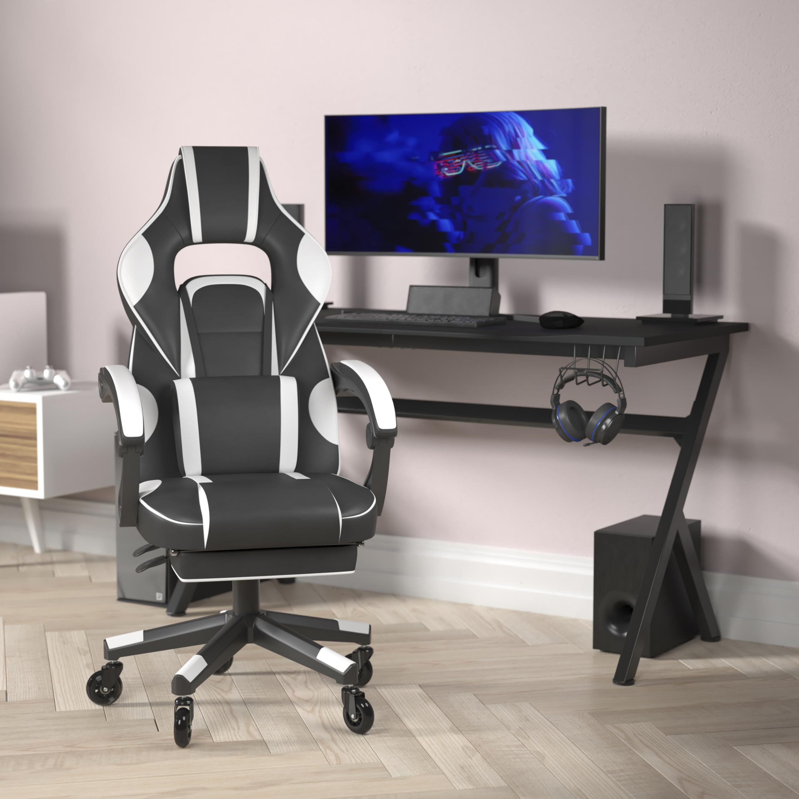 Flash Furniture X40 Gaming Chair Racing Computer Chair With Fully Reclining Back/Arms And Transparent Roller Wheels, Slide-Out Footrest, - White