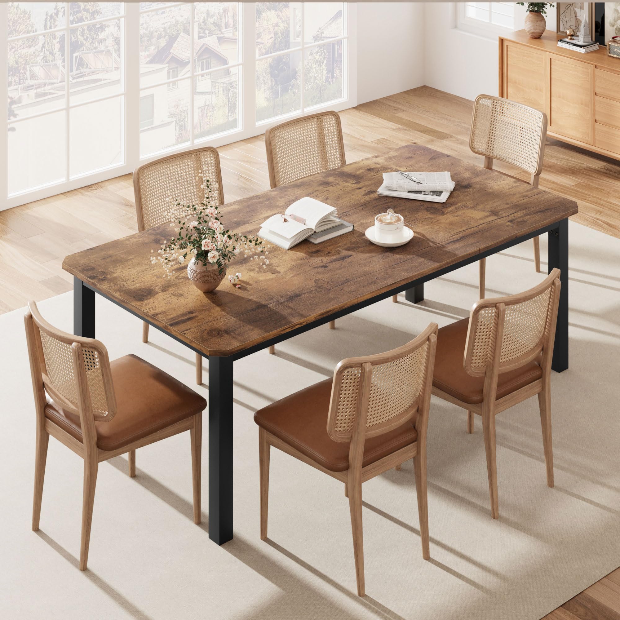 GarveeHome Industrial Dining Table for 6-8 People, 78.7 Inch Long Wooden Kitchen Table with Sturdy Metal Frame & Rustic Brown Fi