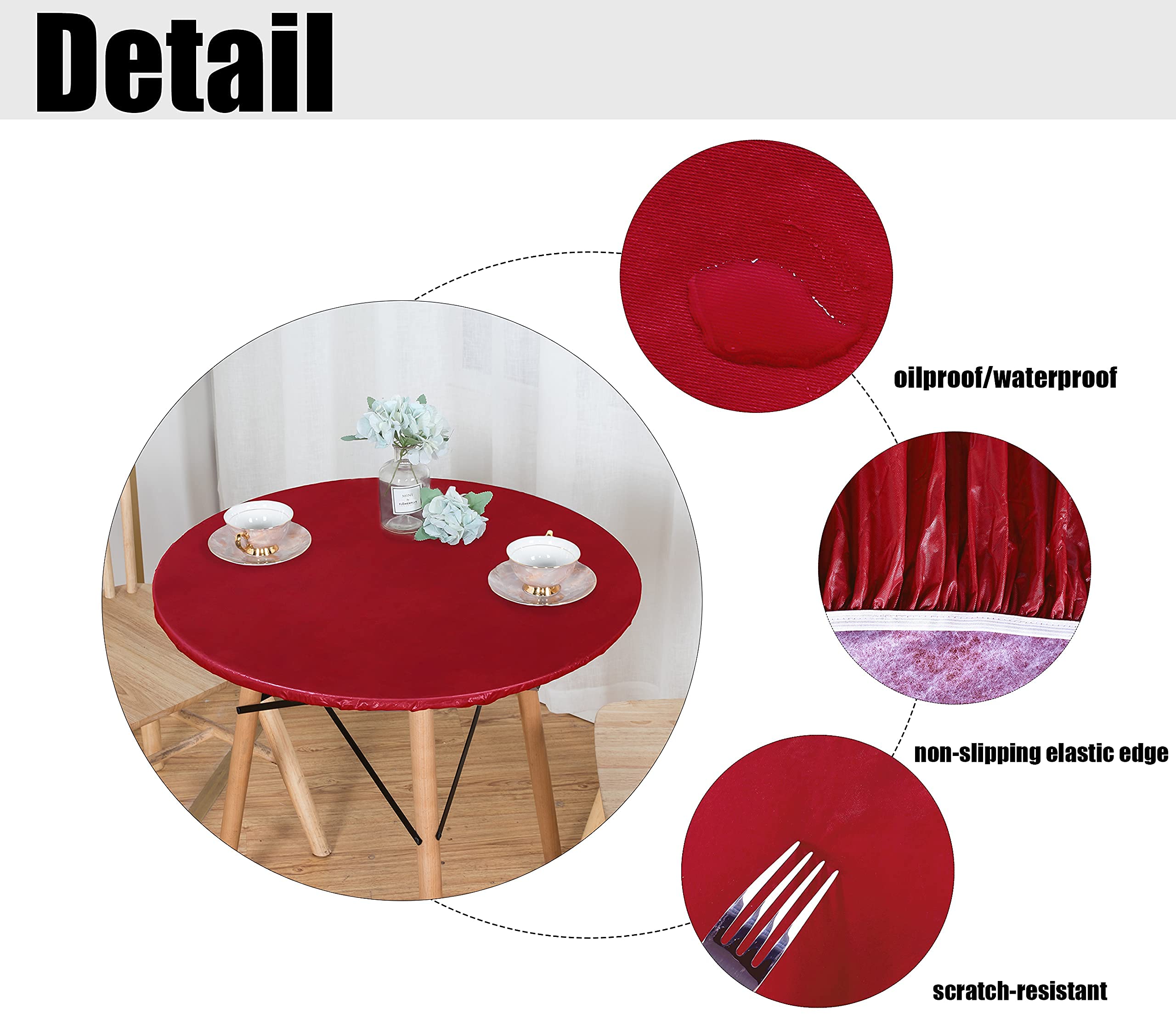 Lushvida Vinyl Fitted Table Cover Elastic Edged Plastic Table Cover… (Red, Best For Up To 45'-56' Round)