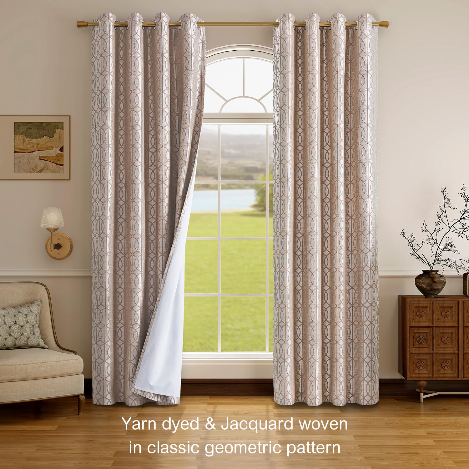 Light Khaki And Silvery 100% Blackout Curtains 120 Inch Length 2 Panels, Jacquard Thermal Insulated Noise Reducing Grommet Drape