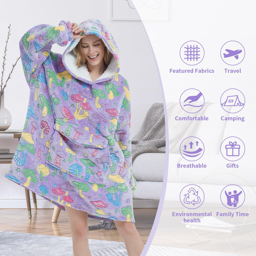 Fiosnow Wearable Blanket Hoodie Oversize Glow in the Dark Mushroom Polyester Purple Mushroom