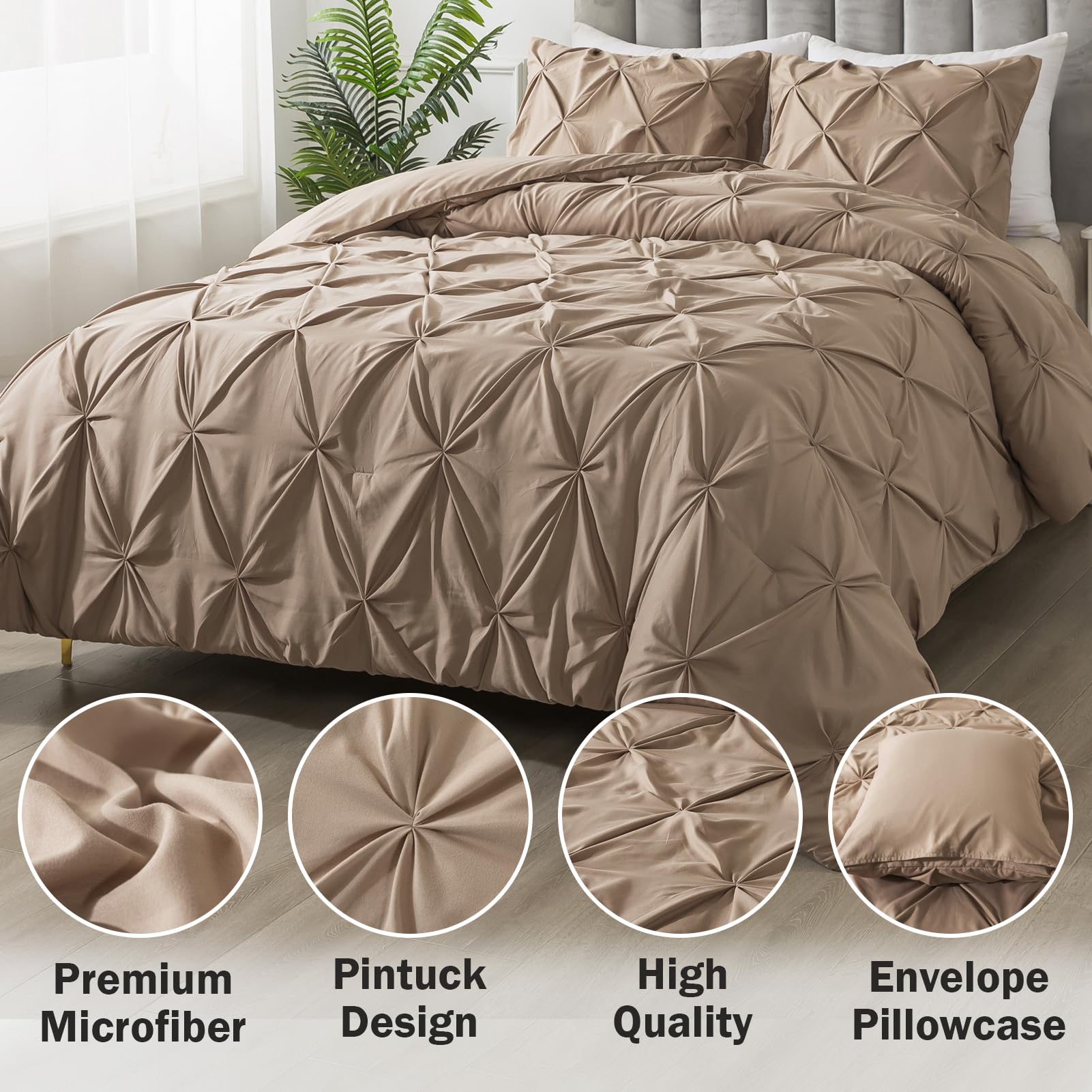 Andency Taupe Comforter Set King, 3 Pieces Stylish Pinch Pleat Bedding Comforters & Sets, Lightweight Soft Boho Bed Set For Adults (104X90Inch)