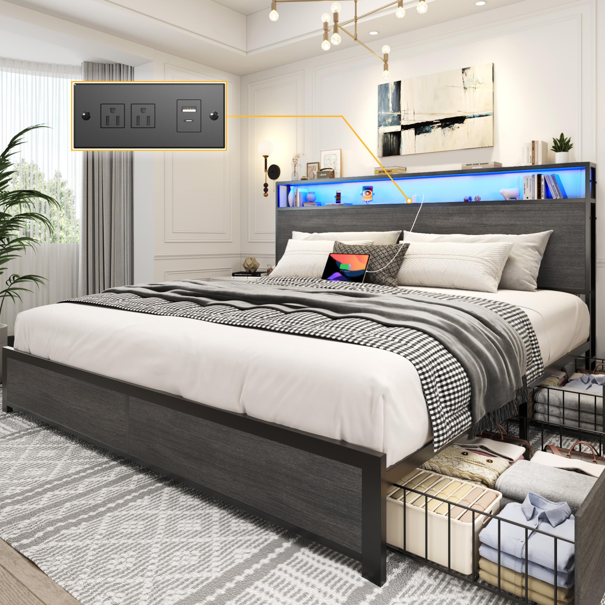 Lifezone King Bed Frame with 2-Tier Storage Headboard, Metal Platform Bed Frame with 4 Storage Drawers, Built in Charging Statio