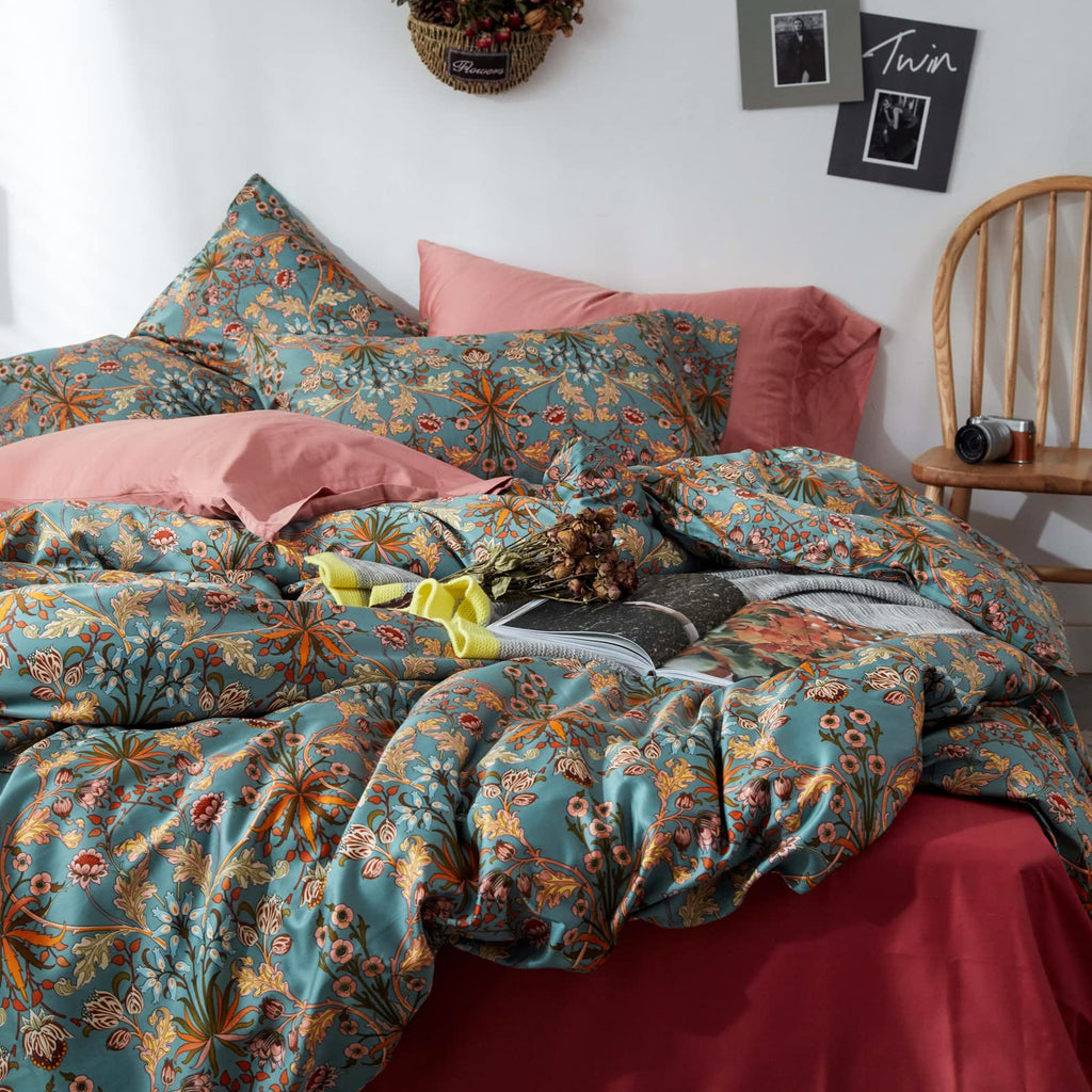 Mixinni Vintage Style Garden Flower Queen Duvet Cover With Zipper Closure Soft Long Staple Percale Cotton Vibrant Pattern On Blu