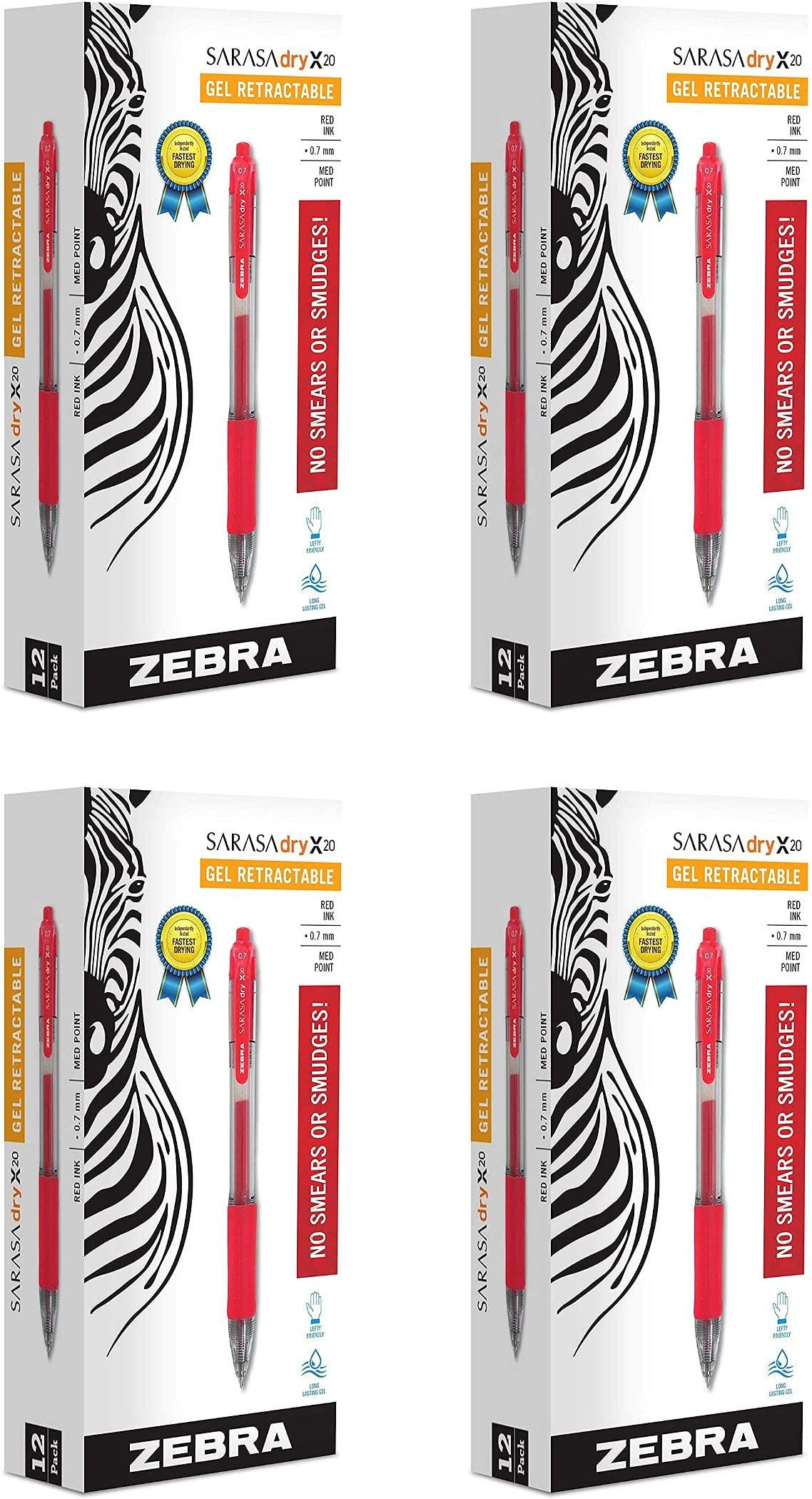 Zebra Pen 46830 Sarasa Dry X20 Retractable Gel Pens, 4 Boxes Of 12 Pens Each, 48 Pens Total; Medium Point 0.7Mm, Red; Rapid Dry