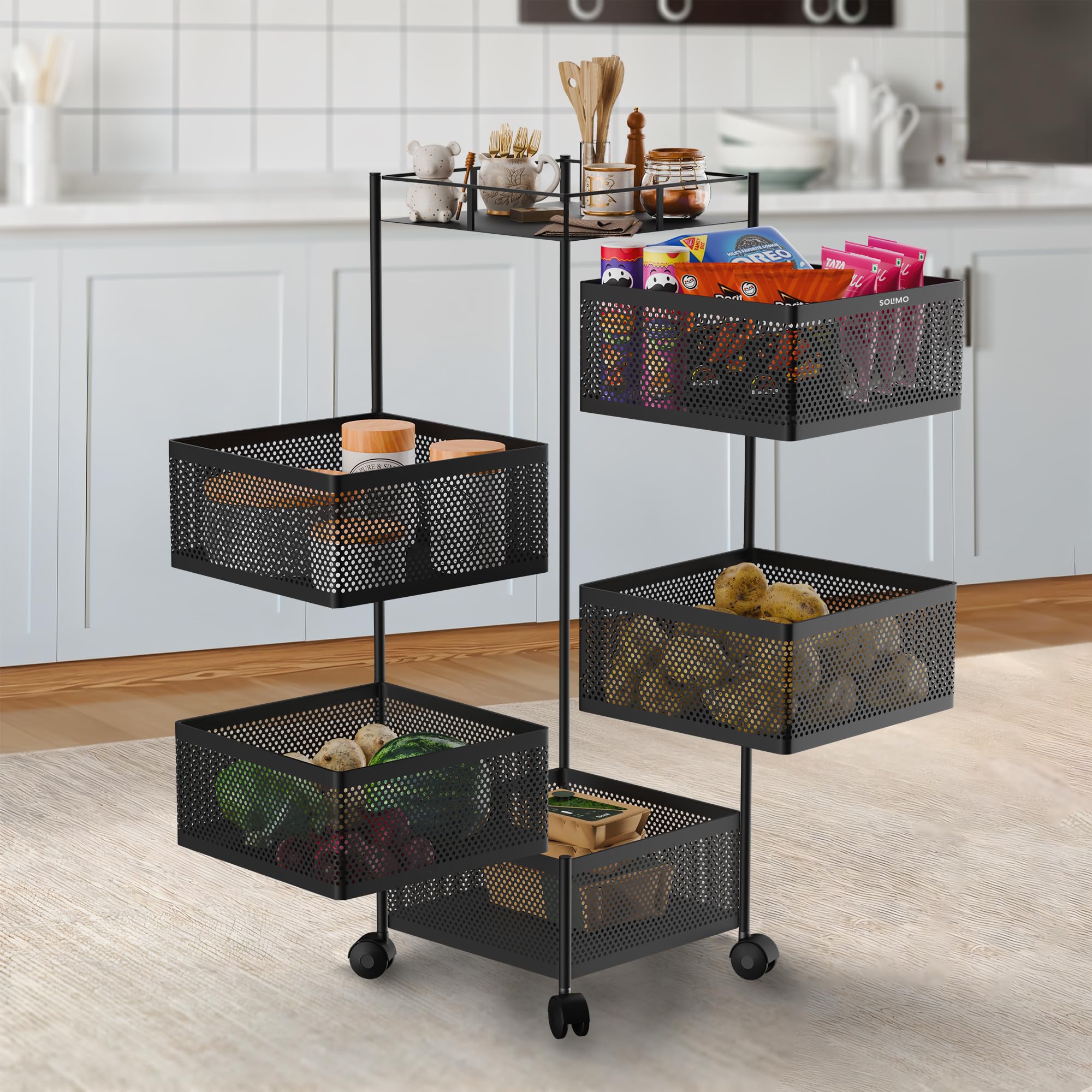 Amazon Brand  Solimo 360 Revolving Preassembled Portable 5 Layer Square Multipurpose Storage Kitchen Rack Carbon Steel Fruit Ve