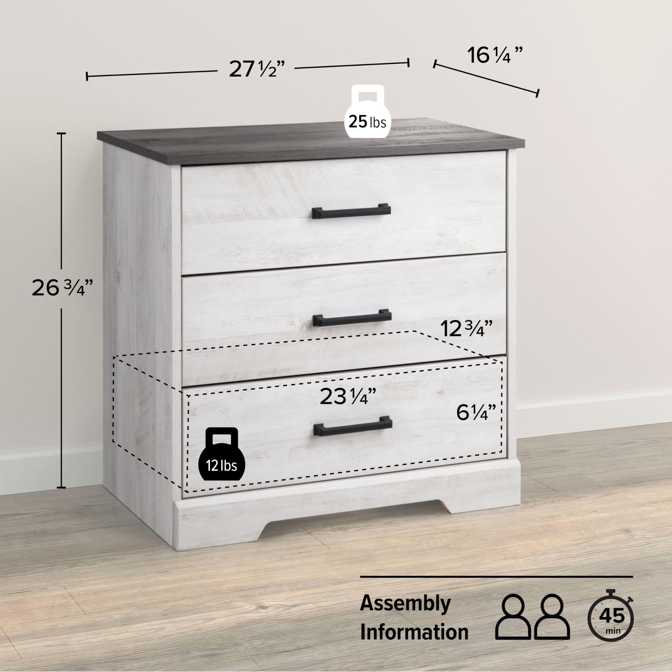 Prepac Rustic Ridge Farmhouse 3-Drawer Nightstand, Chest Of Drawers For Bedroom, Wooden Bedroom Dresser With 3 Storage Drawers, 16.25In X 27.5In X 26.75In, Washed White