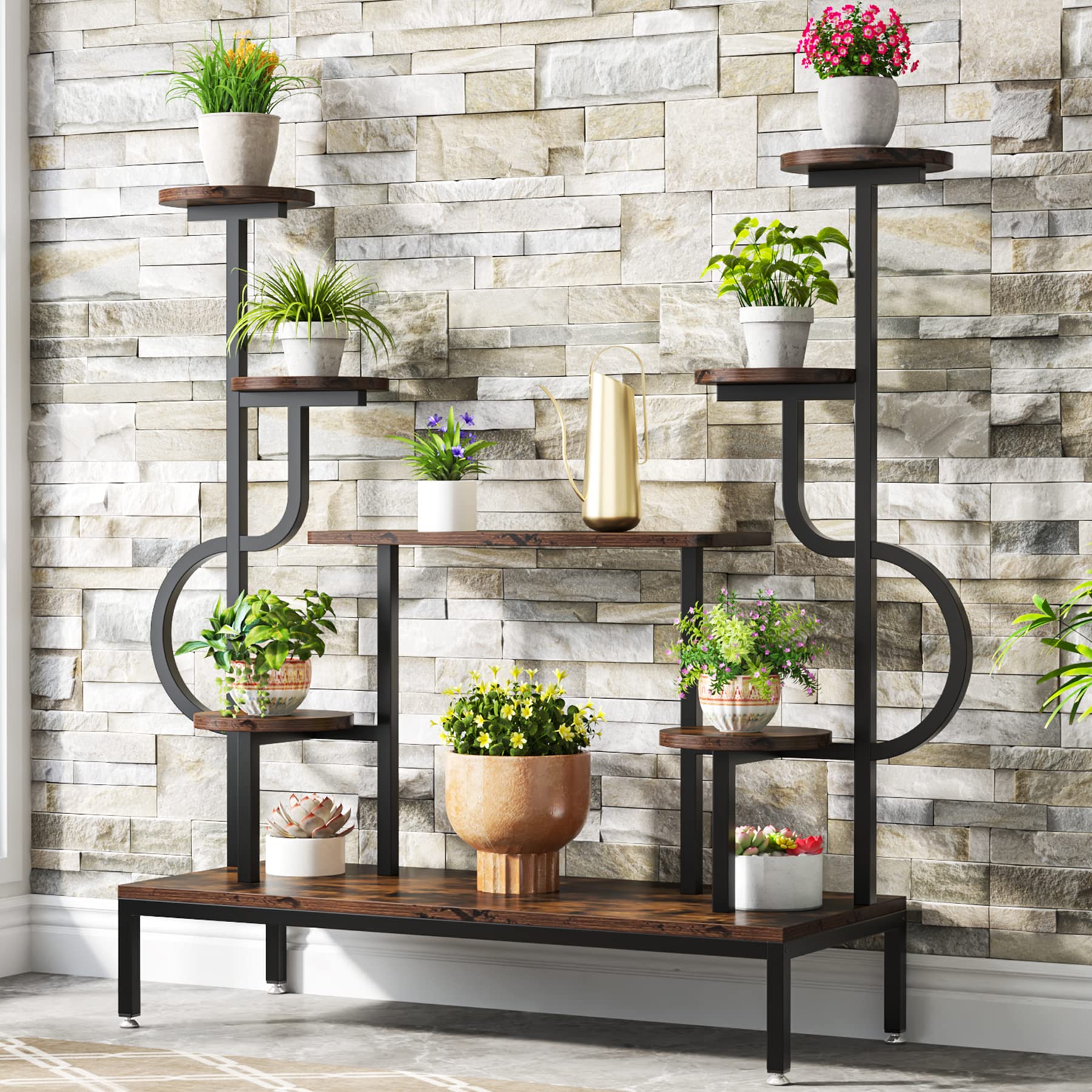 Tribesigns 8-Tier Metal Plant Stand, Large Tall Plant Shelf For Multiple Plants, Round & Square Boards, Wood Indoor Ladder Holde