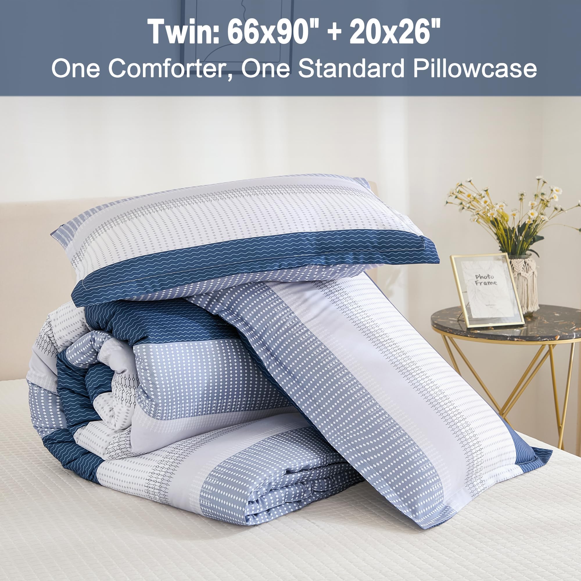 Litanika Mineral Blue Bed Comforter Set Twin/Twin Xl Size, 2 Pieces Lightweight Striped Bedding Comforter Set, Soft All Season D