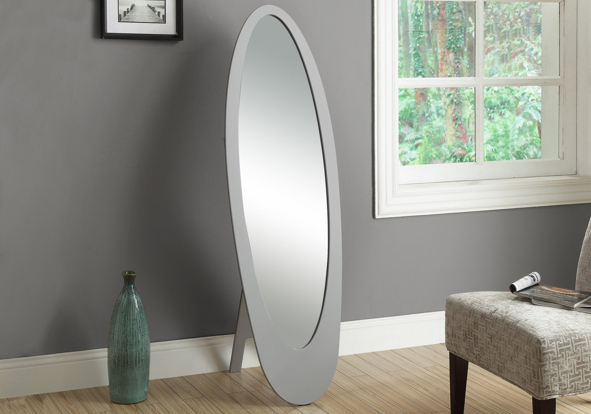 Monarch Specialties 3364, Full Length, Standing, Floor, 60&quot;, Dressing, Bedroom, Wood, Black, Modern Mirror Contemporary Oval Frame, 18.75&quot; L x 18.5&quot; W x 59&quot; H