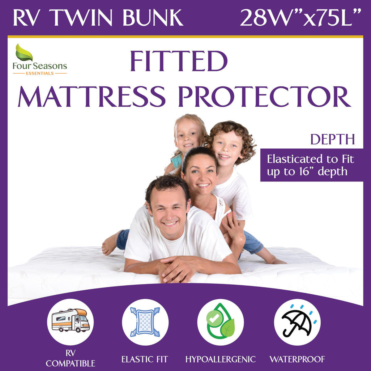 Rv Twin Bunk Waterproof Mattress Protector (28' X 75') - Fitted Sheet Style - Hypoallergenic Premium Quality Cover Protects Ag