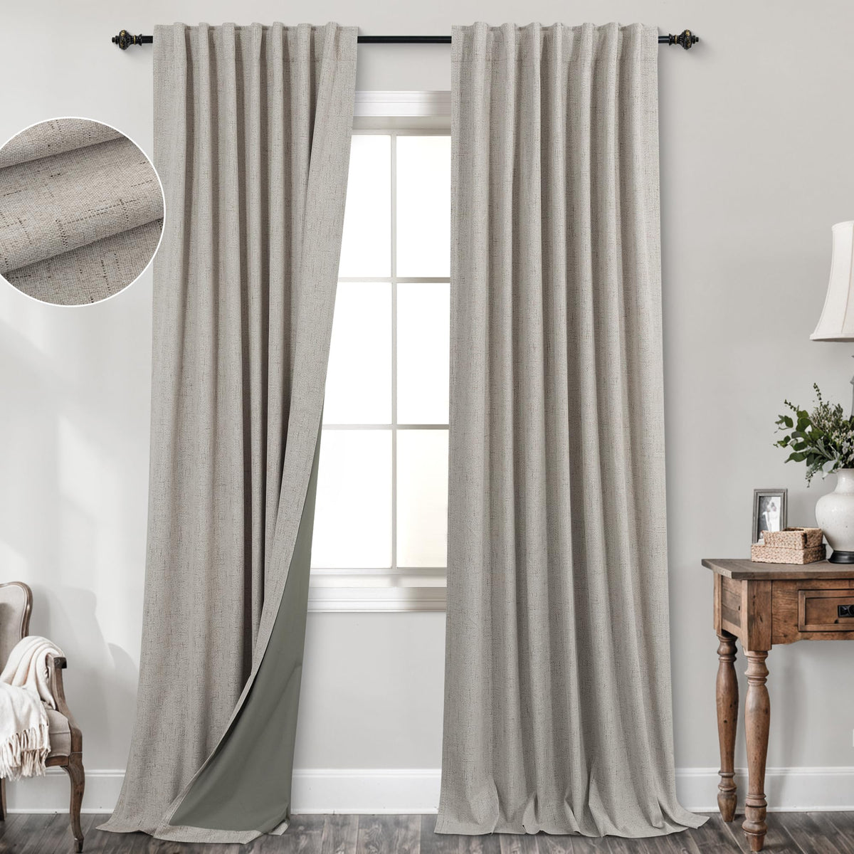 Koufall Taupe Back Tab Linen Blackout Curtains For Living Room 52 By 96 Inch Length