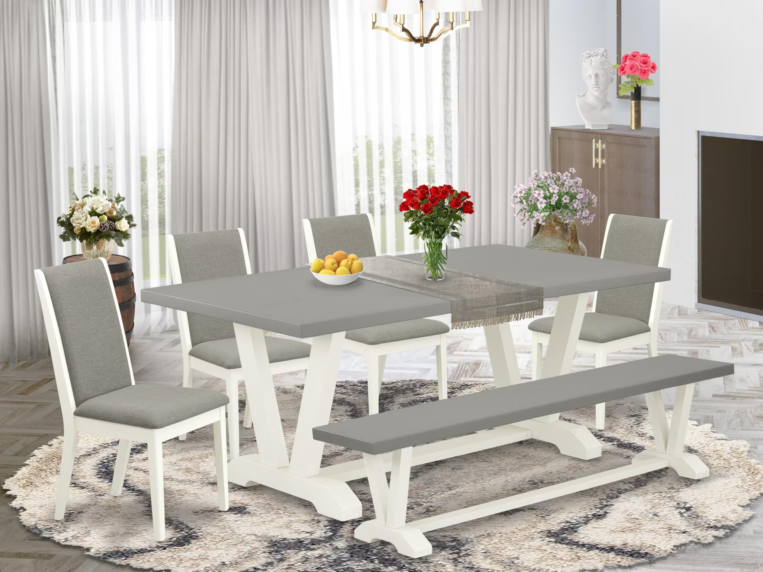 East West Furniture V097La206-6 6 Piece Dining Room Table Set Contains A Rectangle Dining Table With V-Legs And 4 Shitake Linen Fabric Parson Chairs With A Bench, 40X72 Inch, Multi-Color