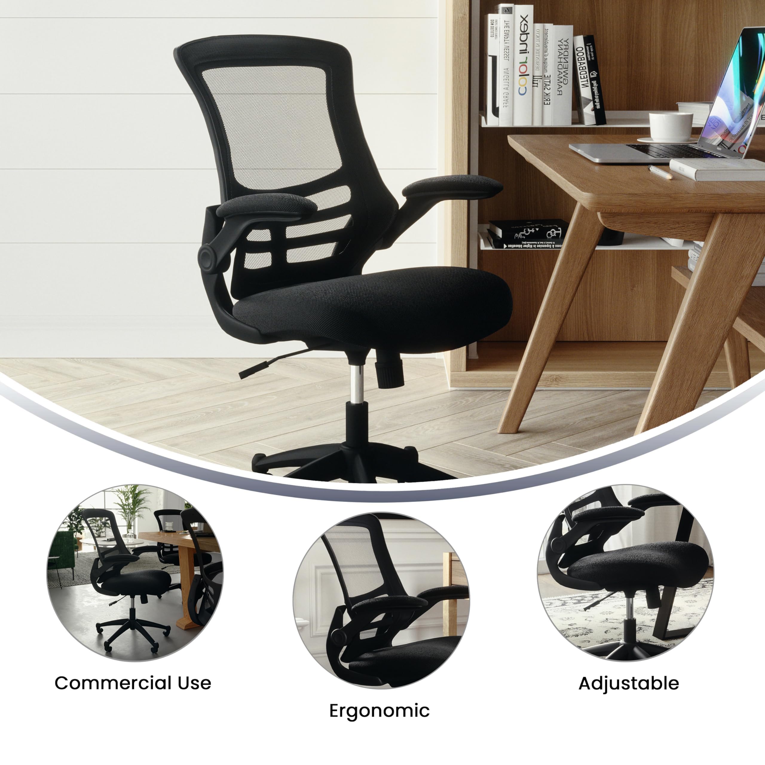 Flash Furniture Kelista Mid-Back Black Mesh Swivel Ergonomic Task Office Chair with Flip-Up Arms