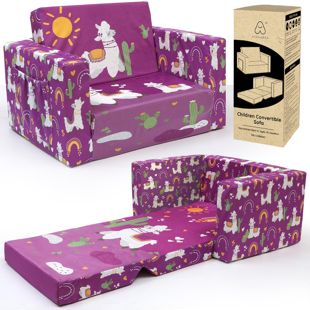 Acrabros Kids Couch: Toddler Sofa Bed Fold Out For Gilrs Boys Baby Flip Out Convertible Lounge Chair Alpaca
