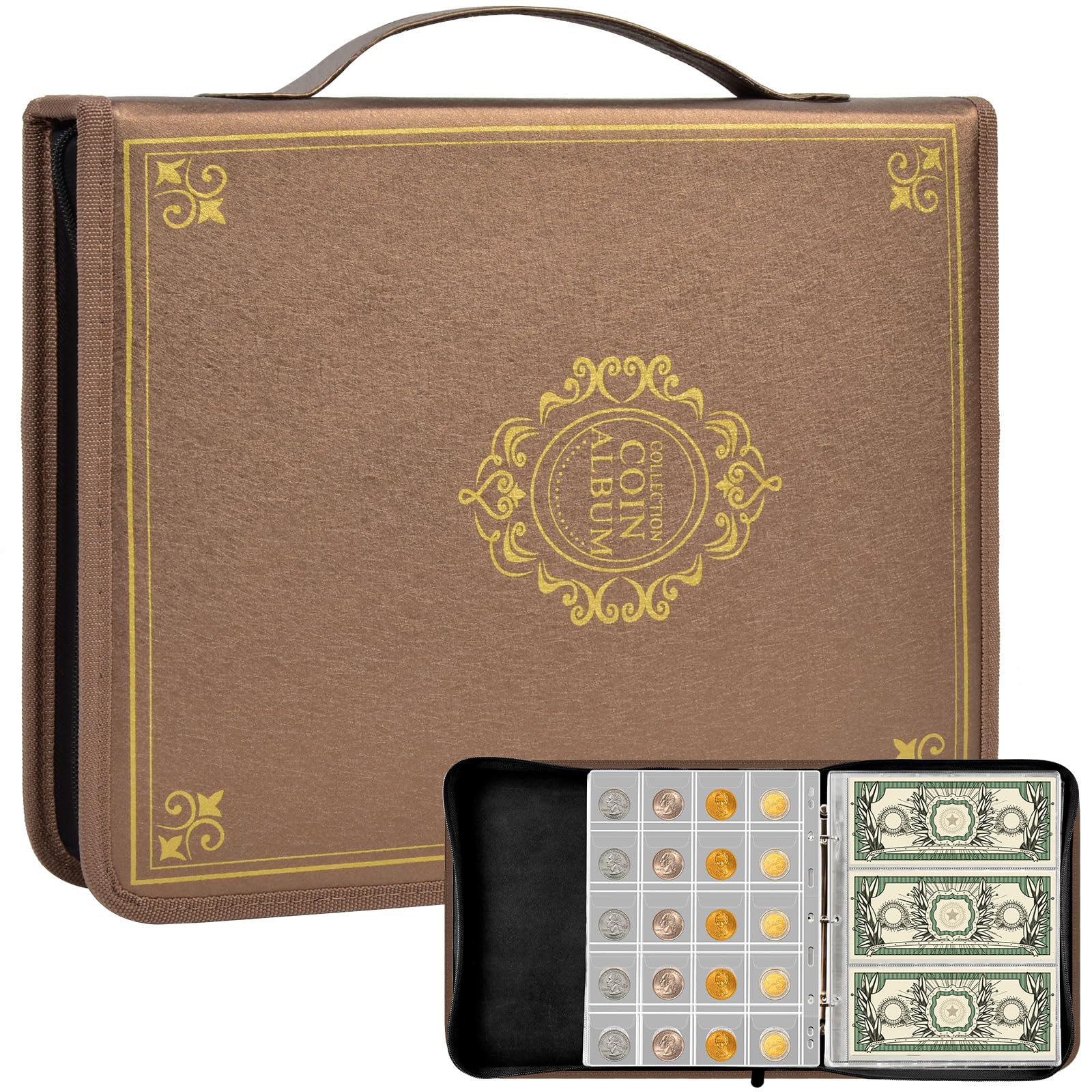 Coin Collection Book Holder For Collectors, 200 Pockets Coins Collecting Album & 30 Sleeves Paper Money Display Storage Case For