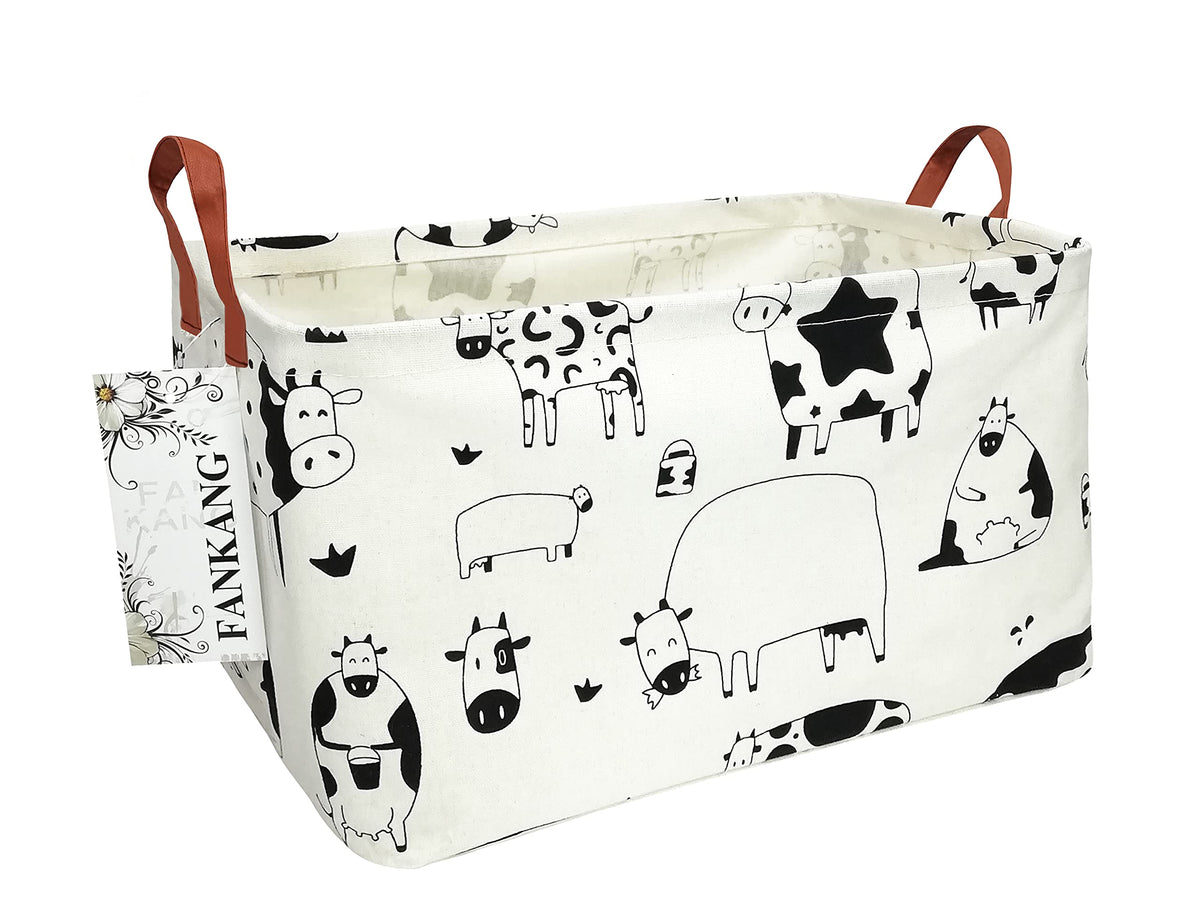 Fankang Storage Basket,Nursery Hamper Canvas Laundry Basket Foldable With Waterproof Pe Coating Storage, Office, Bedroom, Clothes,Toys(L, Rec-Cows)