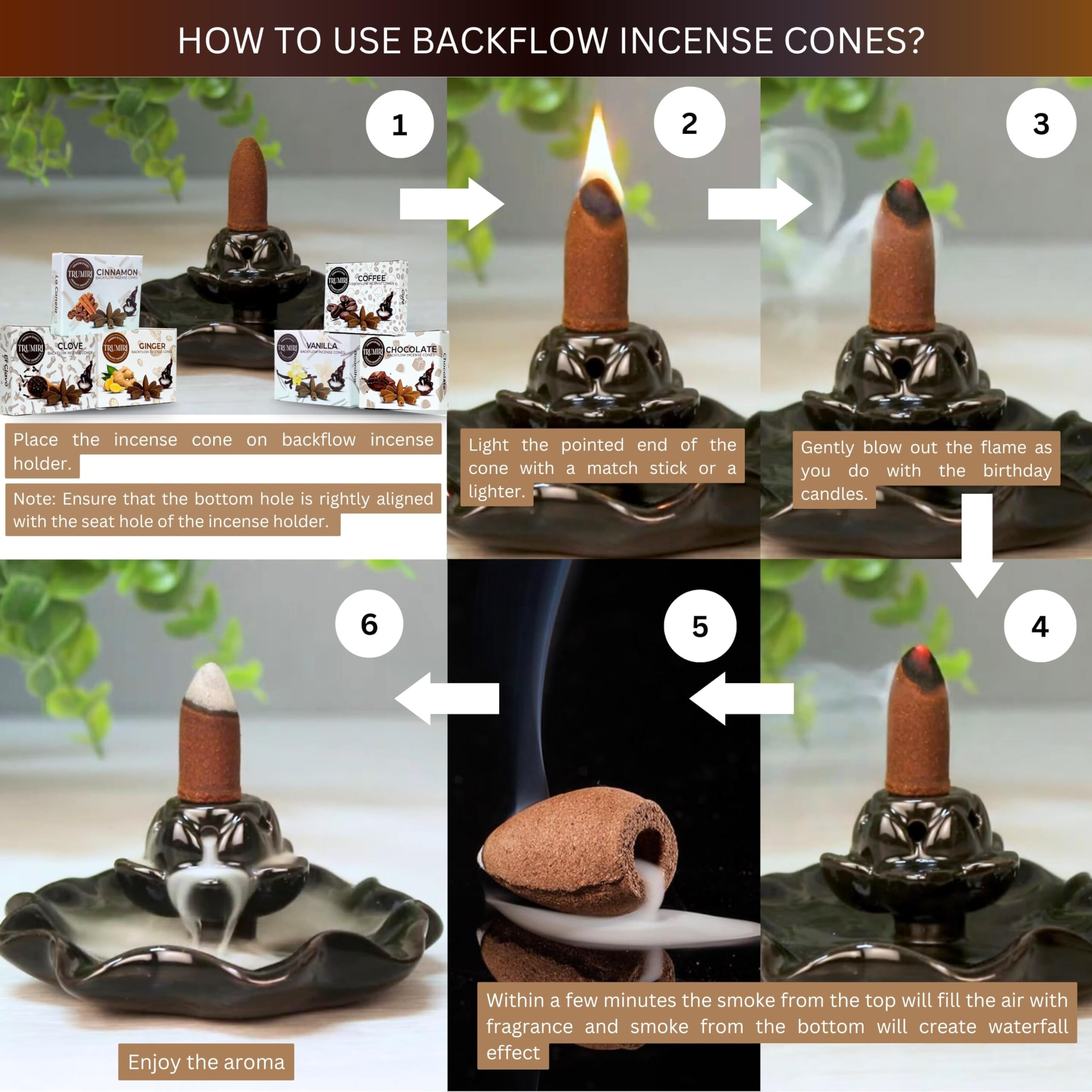 Gourmet - Backflow Incense Cones For Waterfall - Scented Inscents-Cones - Cinnamon, Vanilla, Coffee, Chocolate, Clove, Ginger -