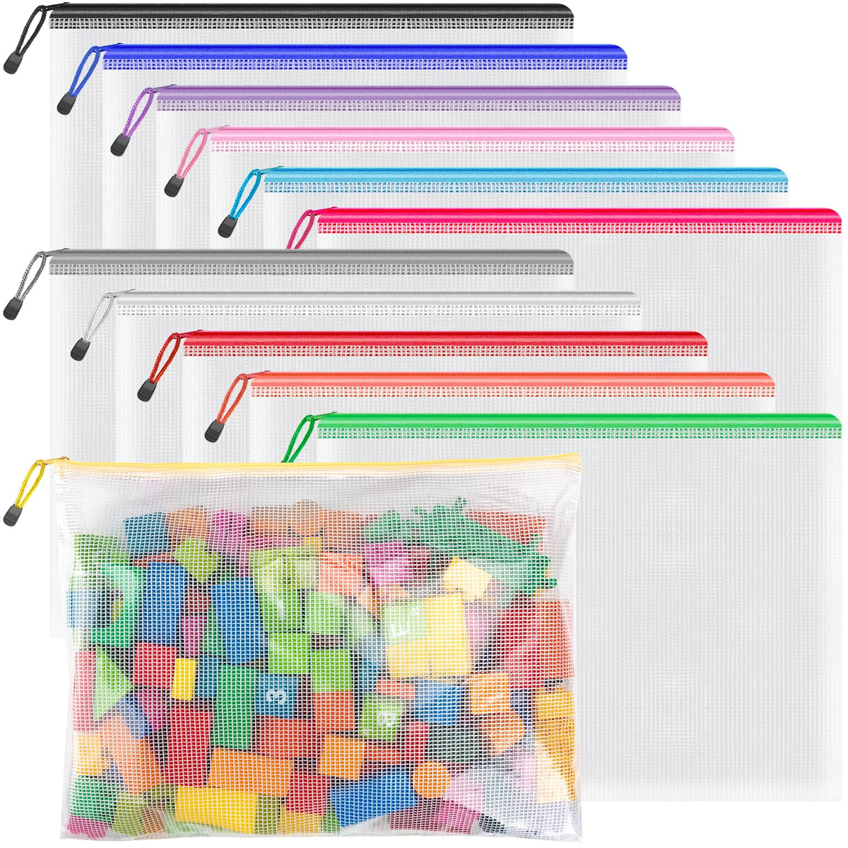 Umriox Mesh Zipper Pouch, 14.9X11.0 In (12 Colors, 12 Packs), Extra Large Zipper Bags, Waterproof Zipper Pouches For Office Supp