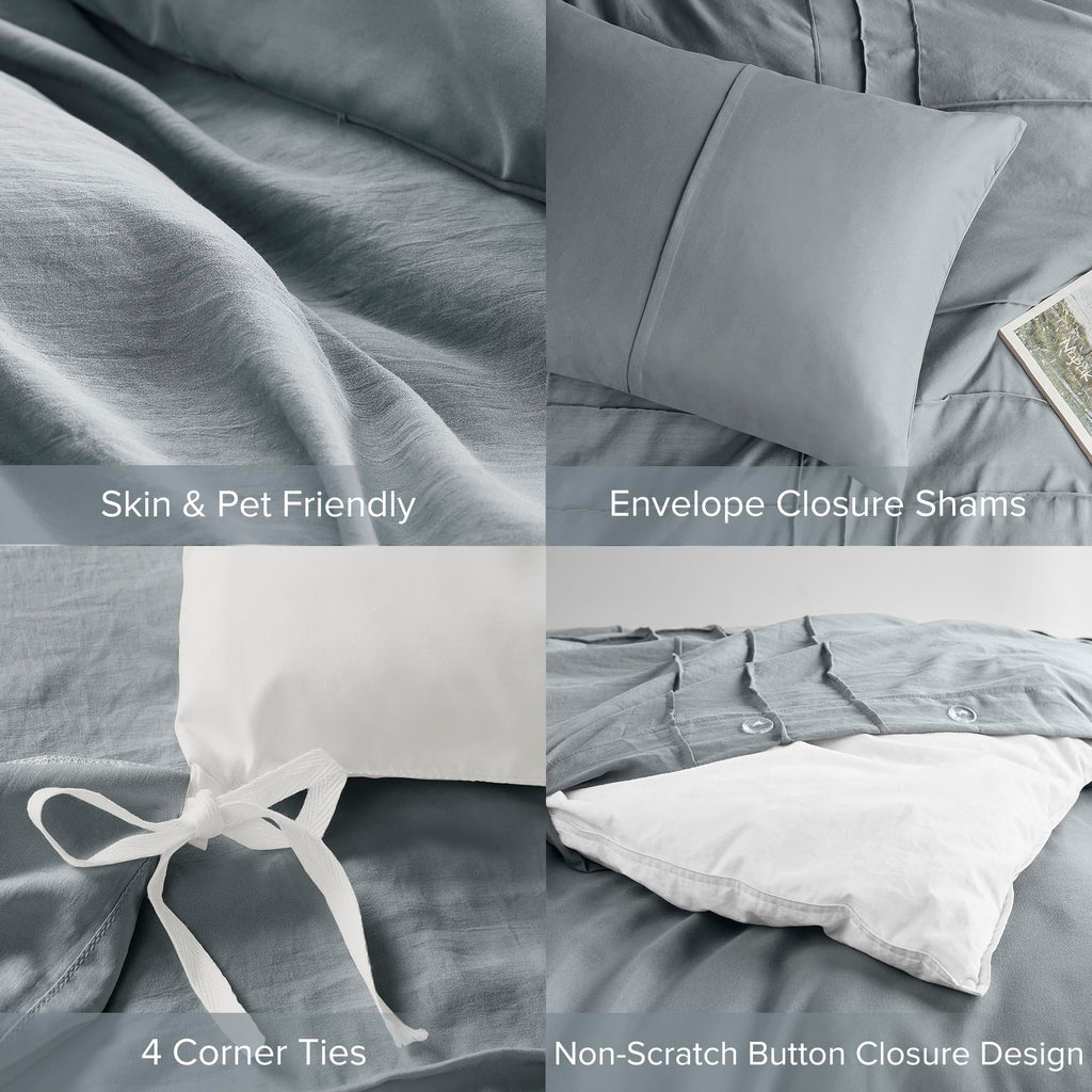 Comfort Spaces Blue/Grey Queen Size Duvet Cover Set - 3 Pieces Pintuck Pleated Duvet Cover Queen, All Season Lightweight, Extra Softness Pre-Washed Microfiber Queen Bedding Cover Shams, Queen