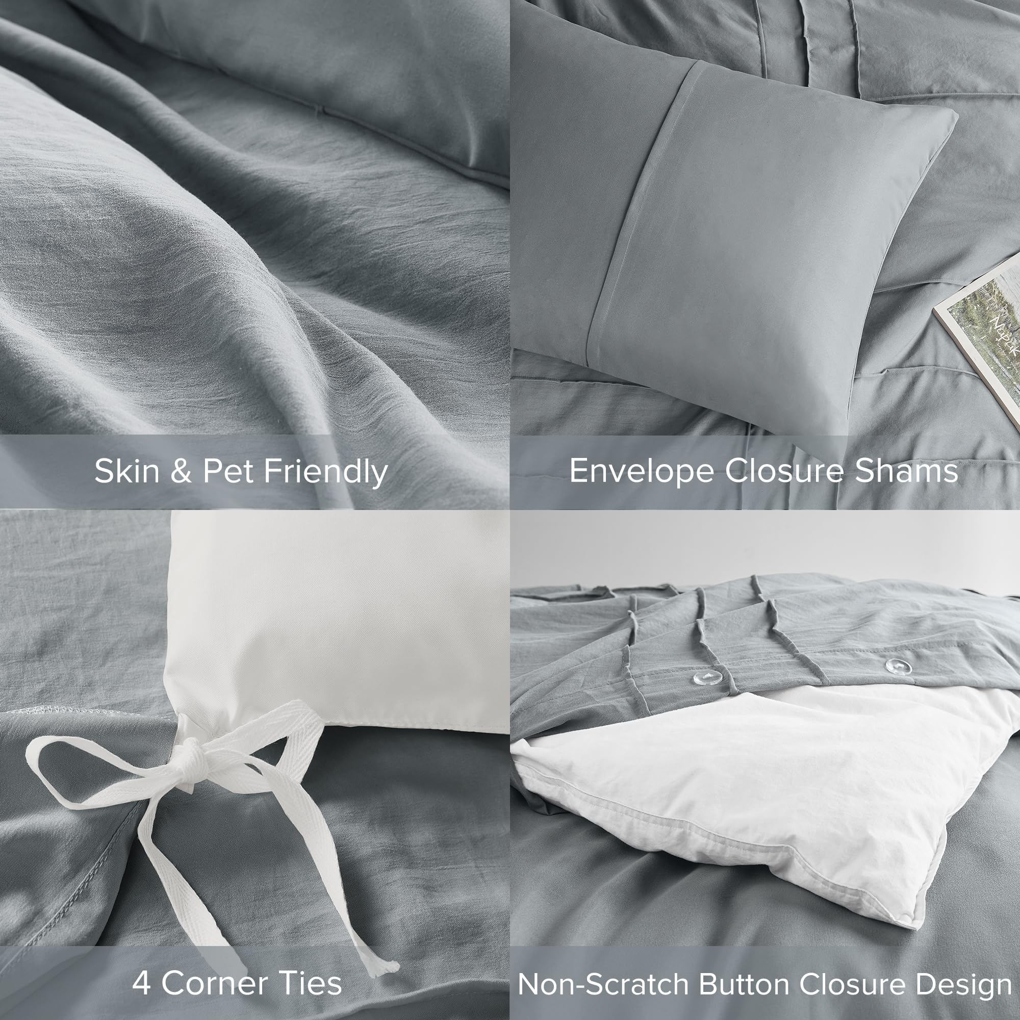 Comfort Spaces Blue/Grey Queen Size Duvet Cover Set - 3 Pieces Pintuck Pleated Duvet Cover Queen, All Season Lightweight, Extra Softness Pre-Washed Microfiber Queen Bedding Cover Shams, Queen
