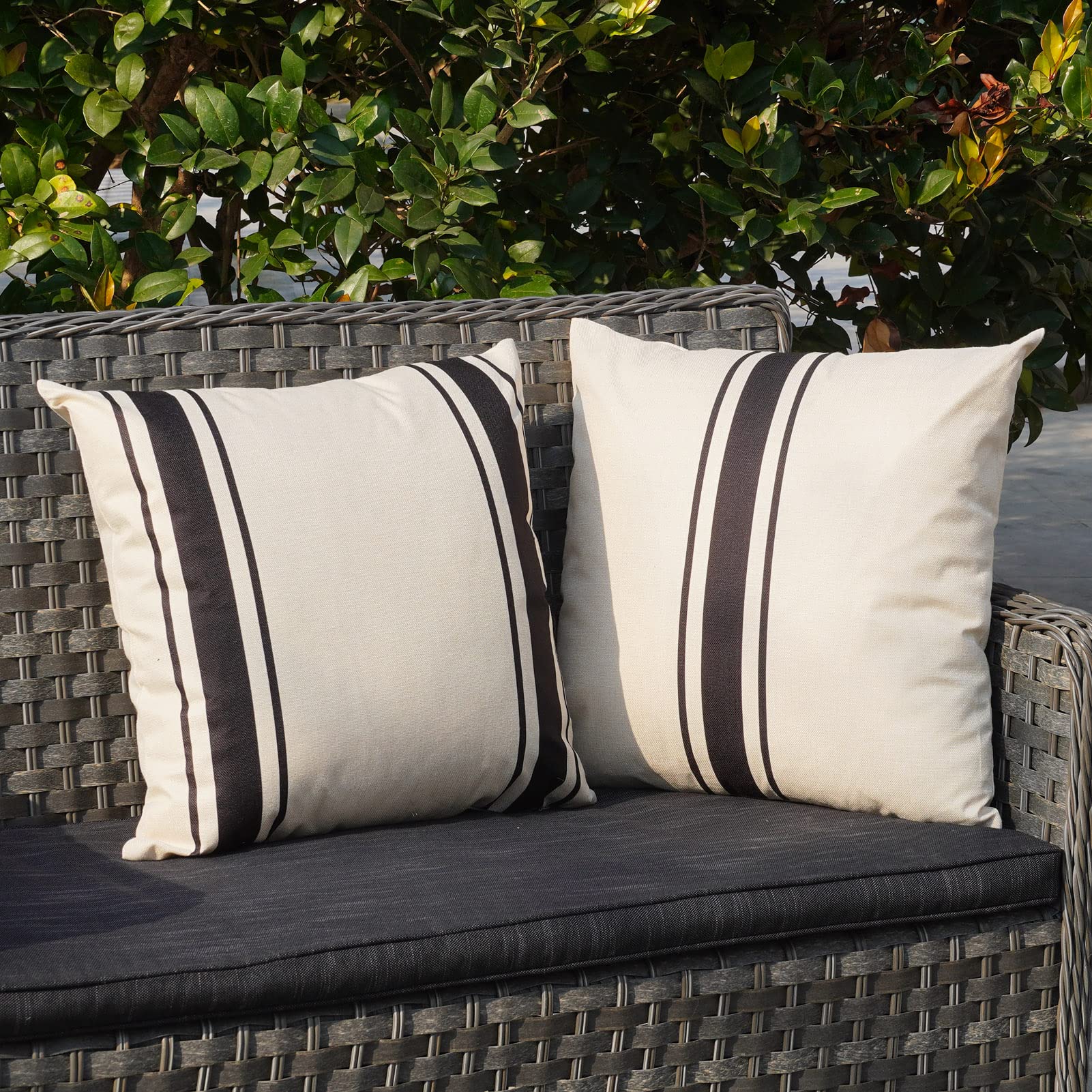 Onway Outdoor Pillow Covers Waterproof 20X20 Set Of 2 Decorative Linen Throw Pillow Cover Beige And Black Striped Outdoor Pillow