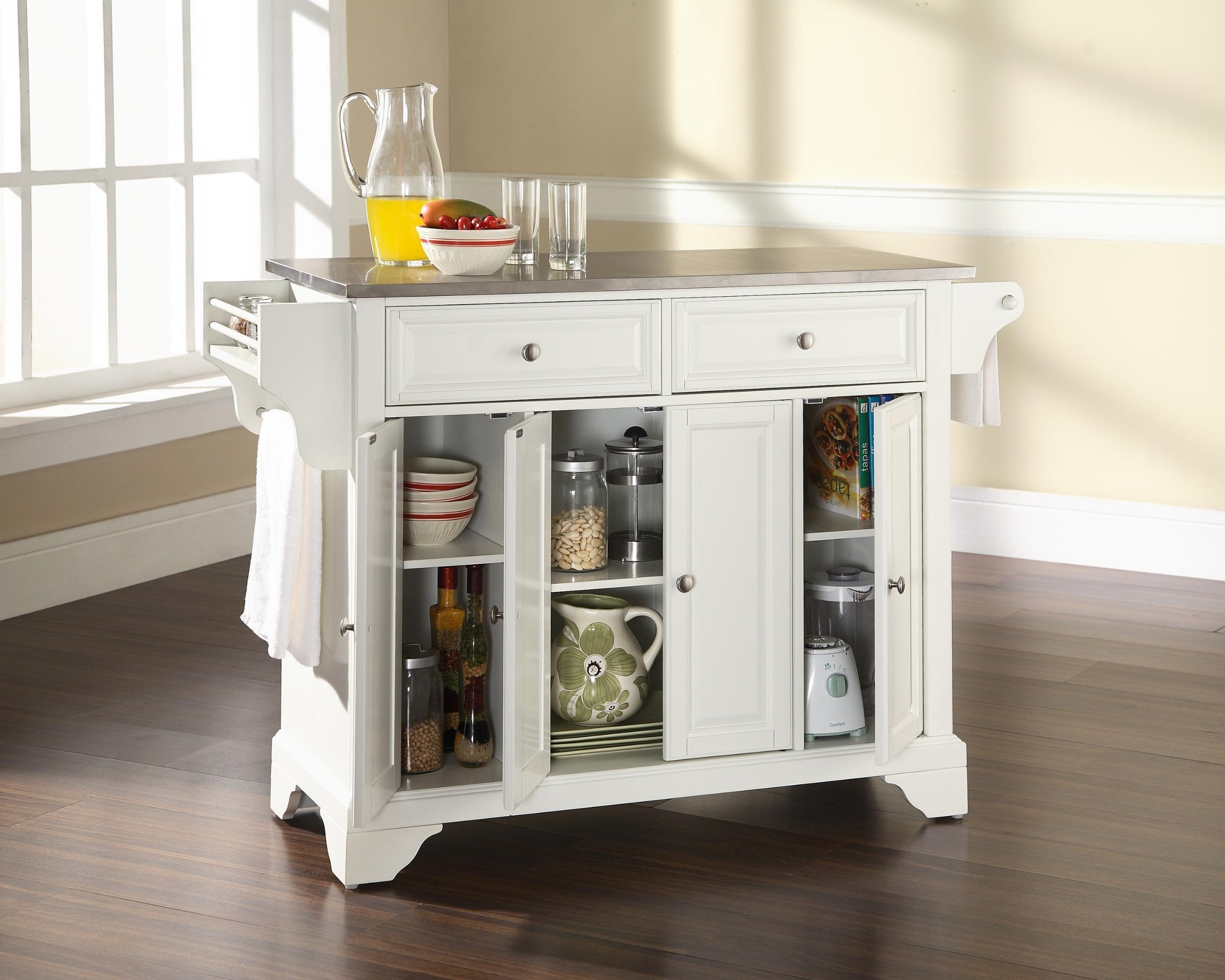 Crosley Furniture Lafayette Stainless Steel Top Rolling Kitchen Island Storage Cart, Spice Rack, White