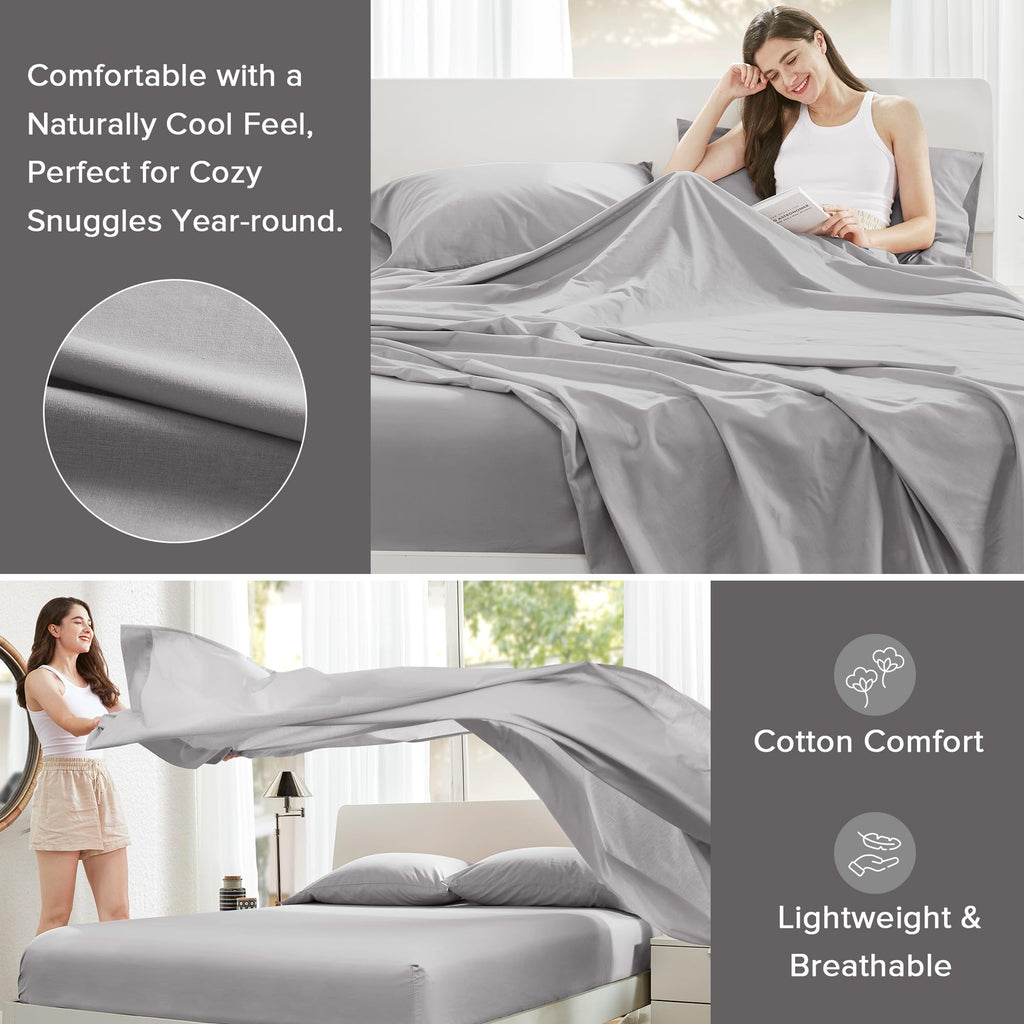 Comfort Spaces 100% Cotton Sheet Set Breathable, Lightweight, Soft With 14' Elastic Pocket Fits Up To 16' Mattress, All Season Cozy Bedding, Matching Pillow Case, Full Grey 4 Piece