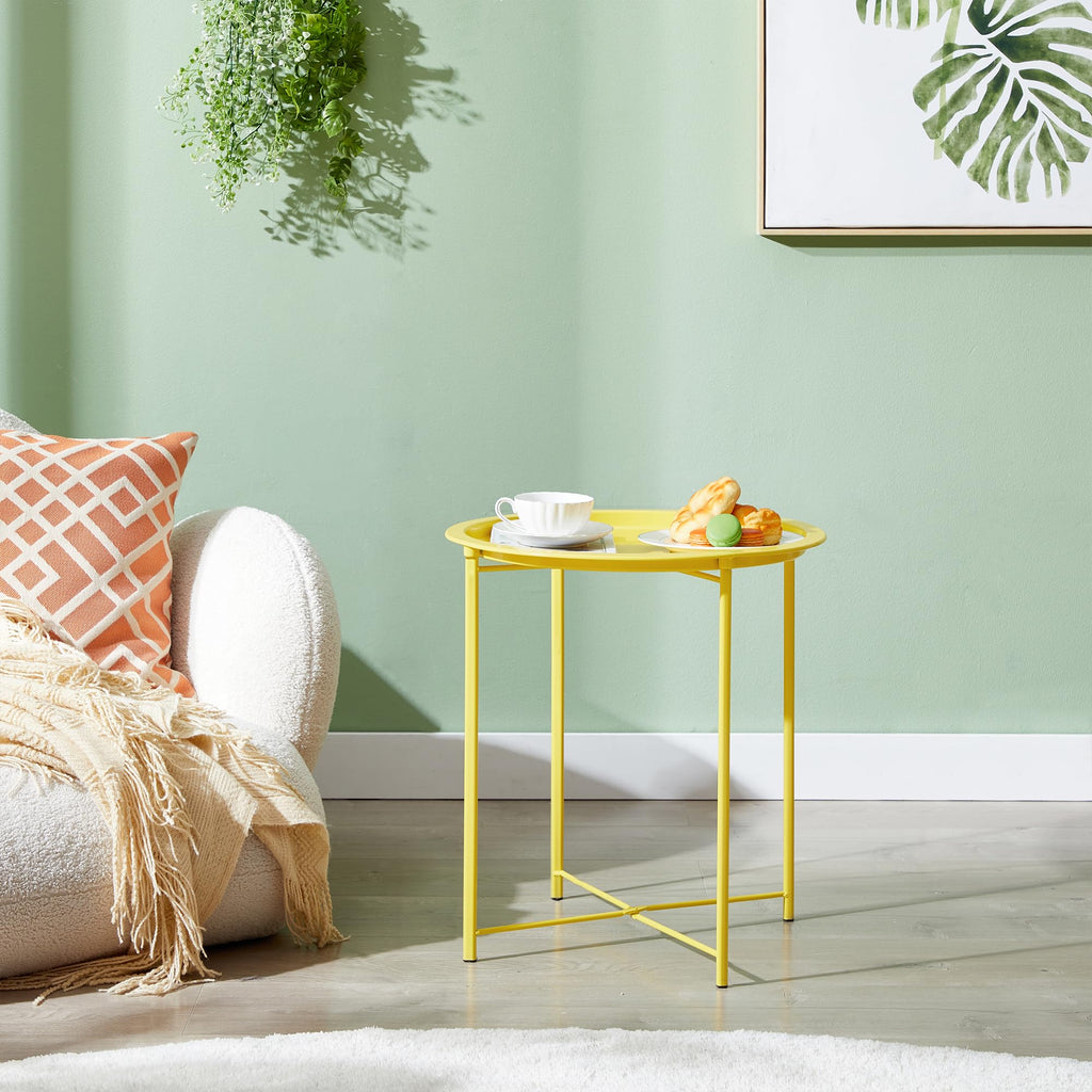 Vecelo Side/End Table, Folding Round Metal Anti-Rust And Waterproof Outdoor Or Indoor Tray For Living Room Bedroom Balcony And Office, 1 Pcs,Yellow