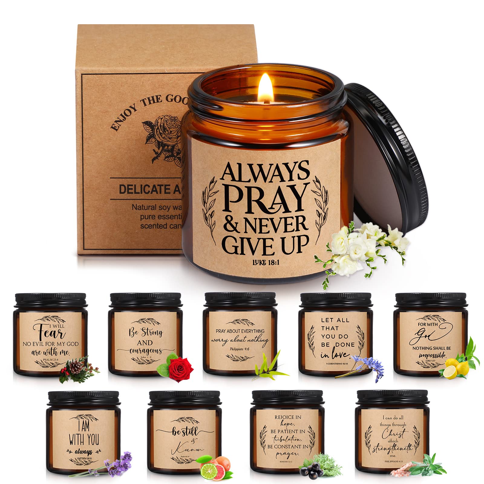 10 Jars Christian Religious Scented Candle Gift Women Set 3.5 oz Bulk Catholic Bible Verses Thank You Gift for Women Faith Frien